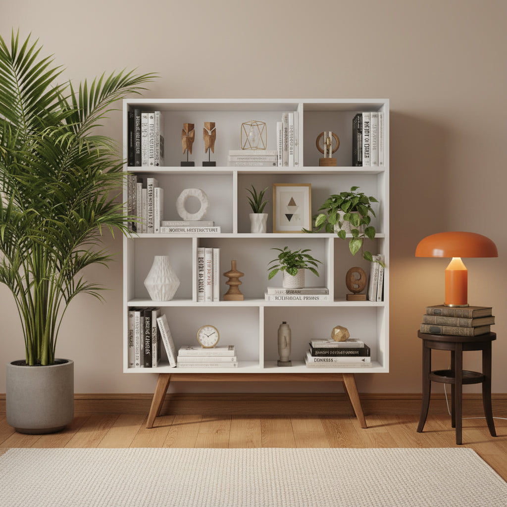 Wooden Open Shelf Bookcase, 3-Tier 7-Cube Storage Organizer with Legs