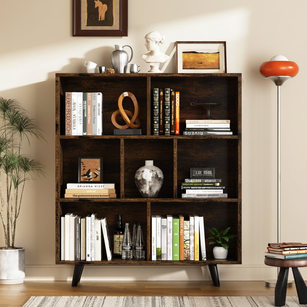 Wooden Open Shelf Bookcase, 3-Tier 7-Cube Storage Organizer with Legs