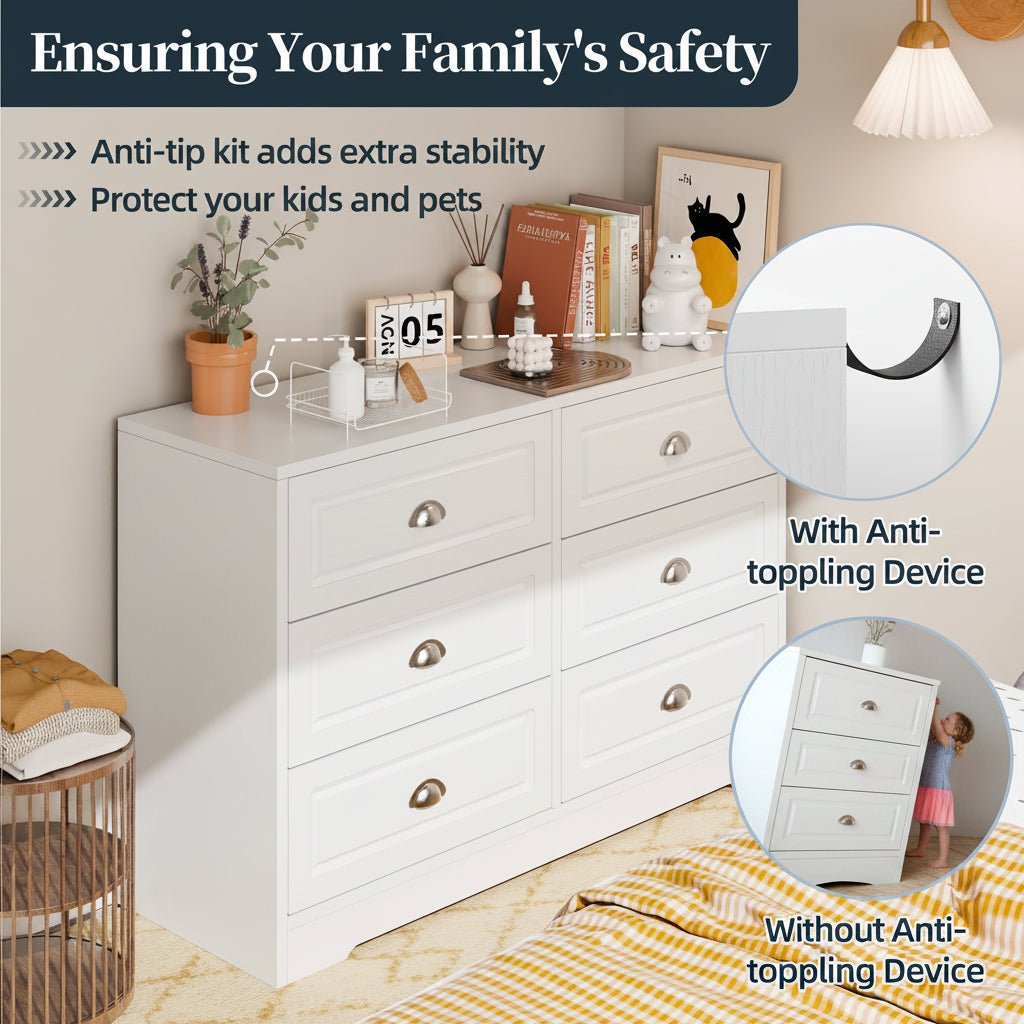Walsunny Wide Wooden Double Dresser with 9 Storage Drawers