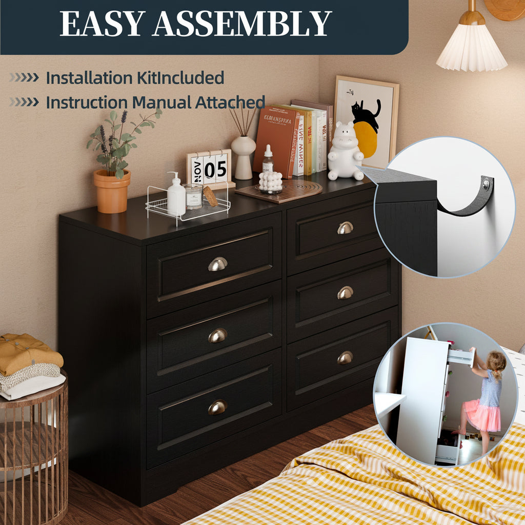Walsunny Wide Wooden Double Dresser with 9 Storage Drawers