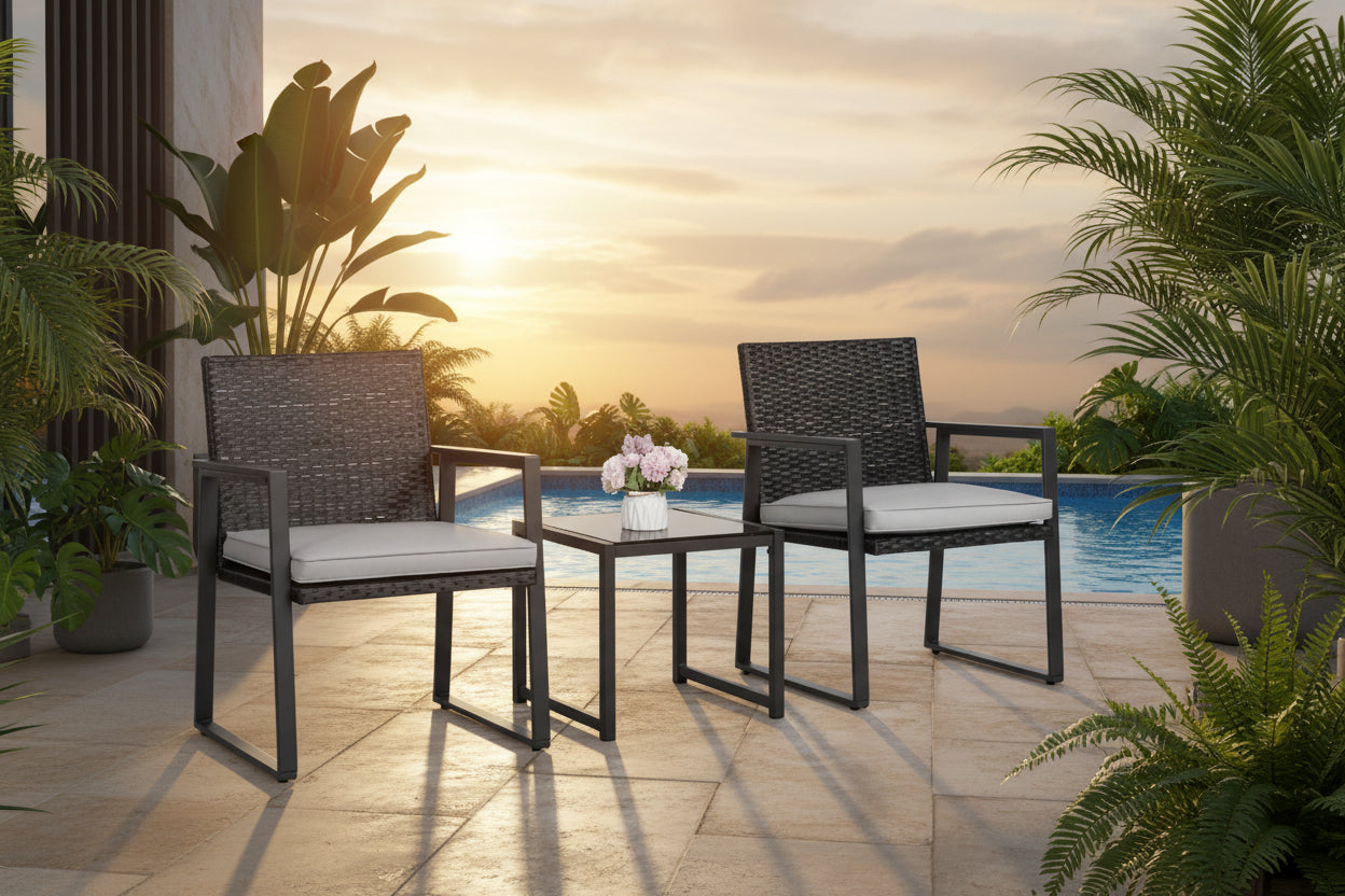 Outdoor Wicker Bistro Set with 2 Chairs & Table