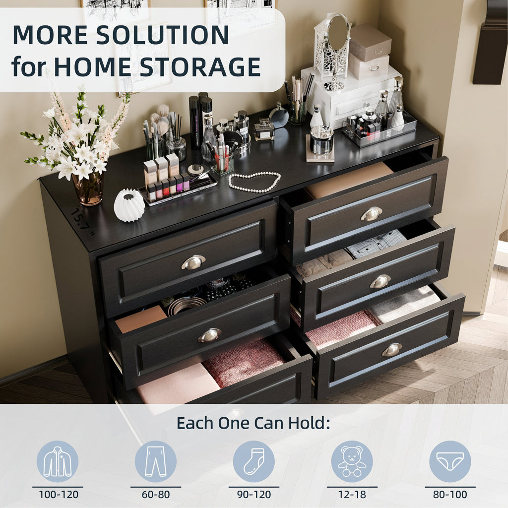 Walsunny Wide Wooden Double Dresser with 9 Storage Drawers
