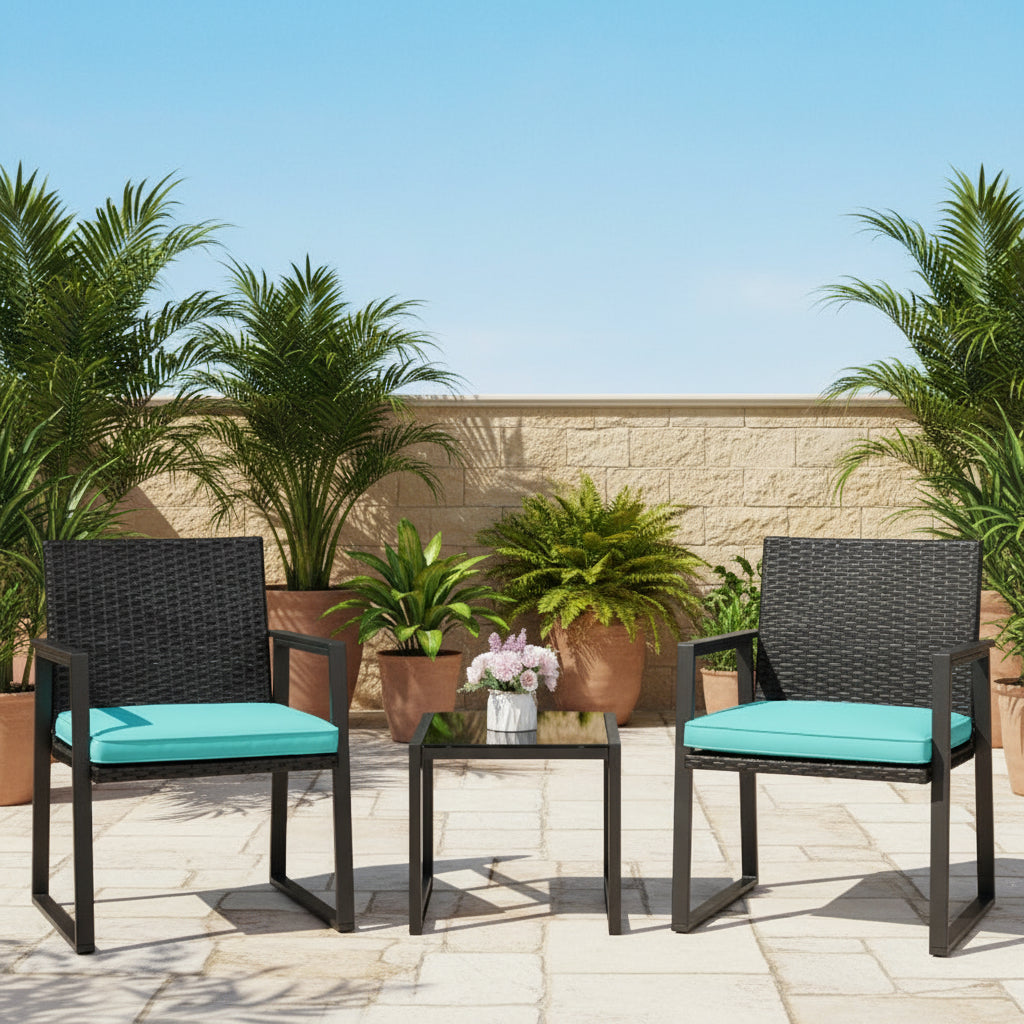 Outdoor Wicker Bistro Set with 2 Chairs & Table