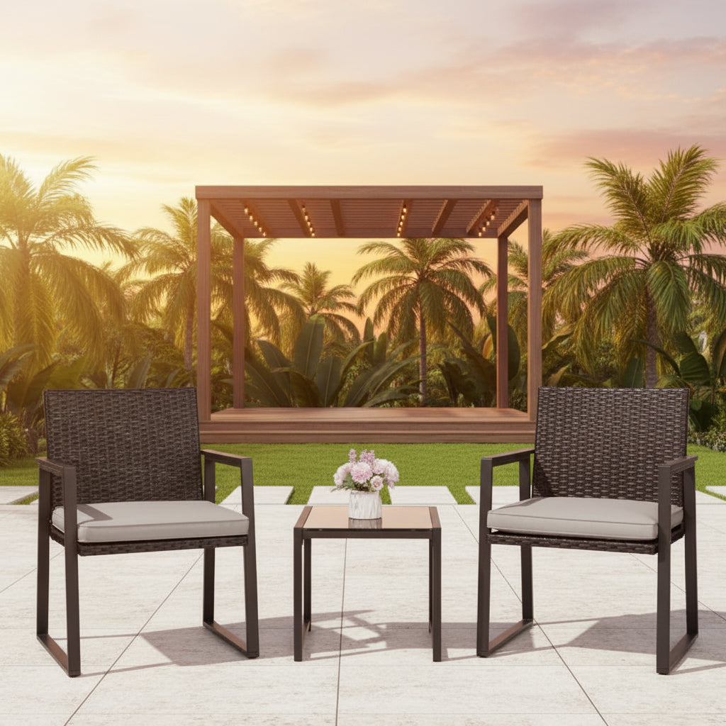 Outdoor Wicker Bistro Set with 2 Chairs & Table