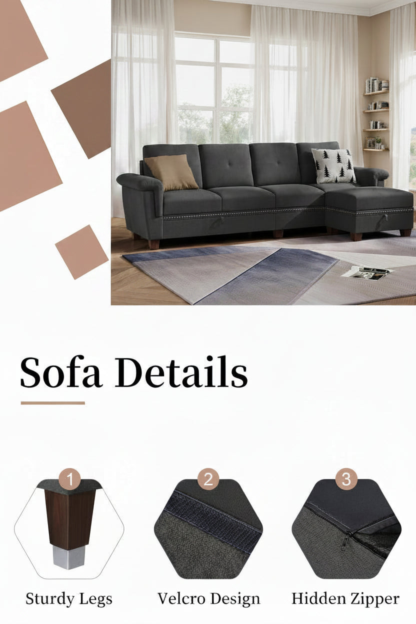 L Shaped Four Seat Sectional Sofa Storage Ottoman Couch