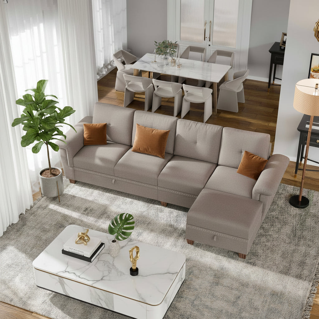 L Shaped Four Seat Sectional Sofa Storage Ottoman Couch