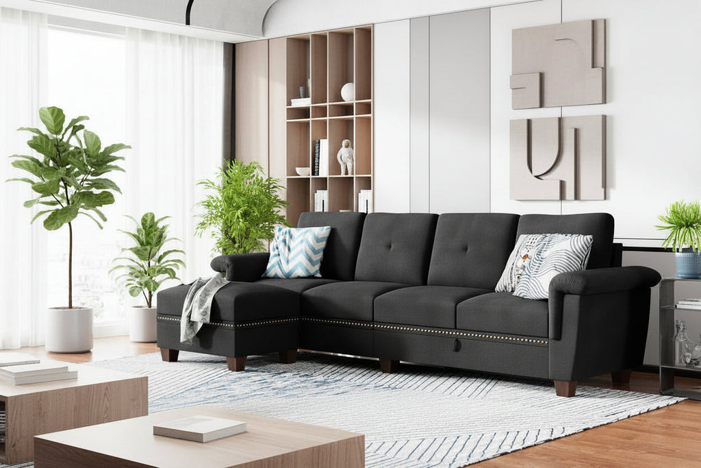 L Shaped Four Seat Sectional Sofa Storage Ottoman Couch