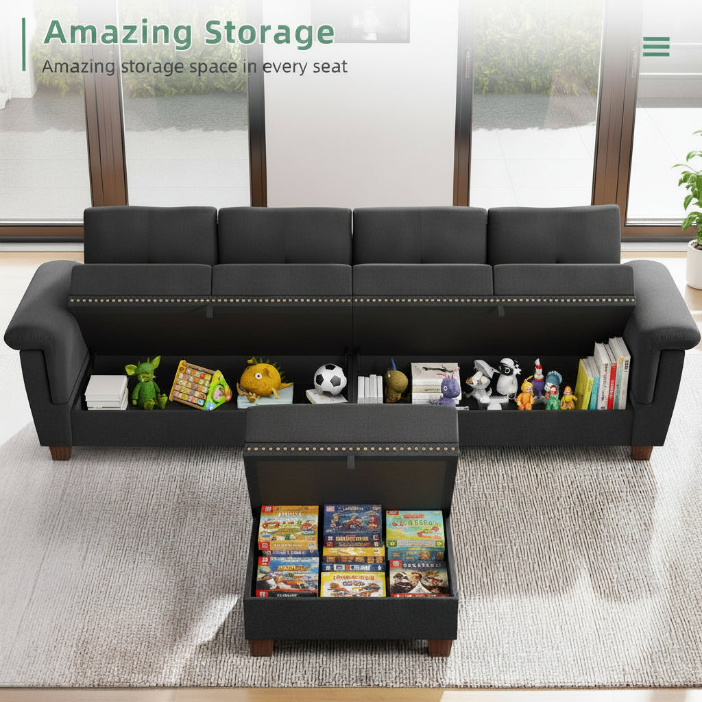 L Shaped Four Seat Sectional Sofa Storage Ottoman Couch