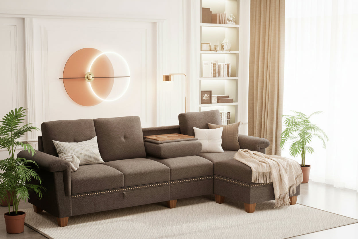 L Shaped Four Seat Sectional Sofa Storage Ottoman Couch