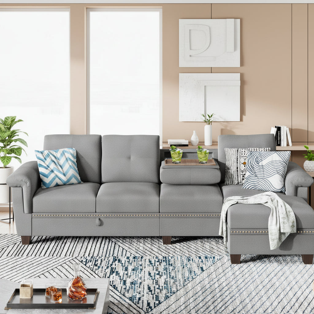 L Shaped Four Seat Sectional Sofa Storage Ottoman Couch