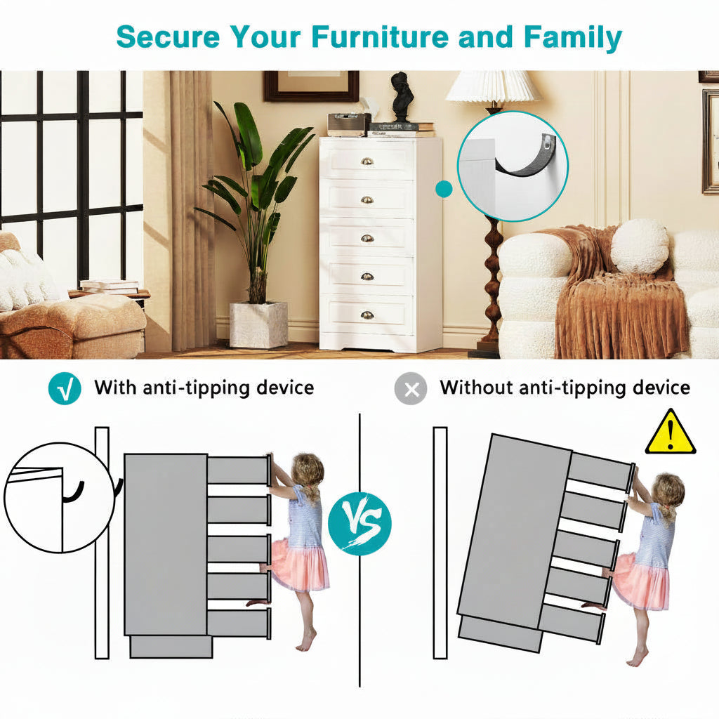 Tall Five Drawer Vertical Dresser Bedroom Storage Cabinet