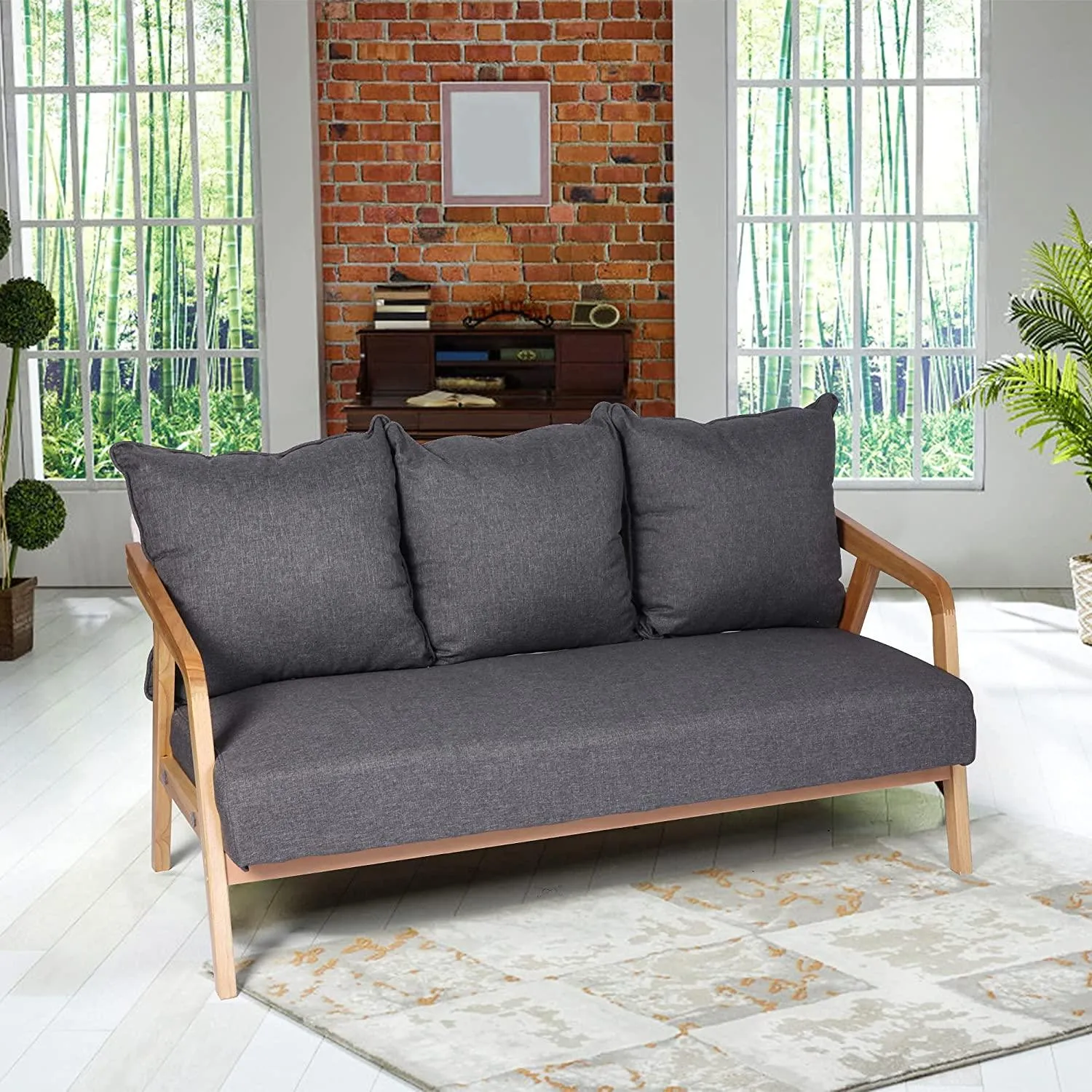 3-Seat Upholstered Grey Sofa Couch for Living Room, Bedroom Small Space Furniture, Thickened Cushion and Wood Armrest