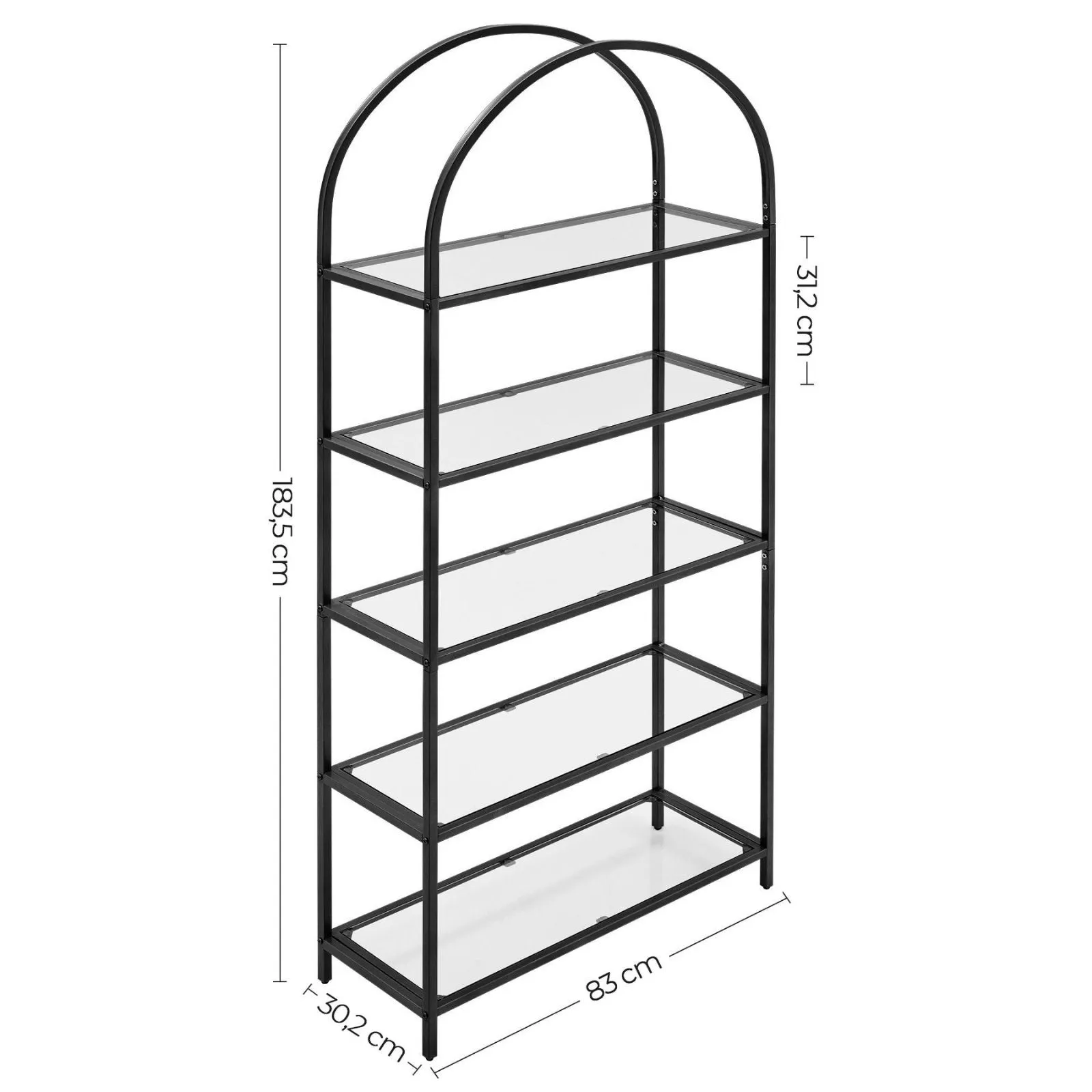 5 Tier Glass Bookshelf, Metal Frame, Adjustable Feet - VASAGLE