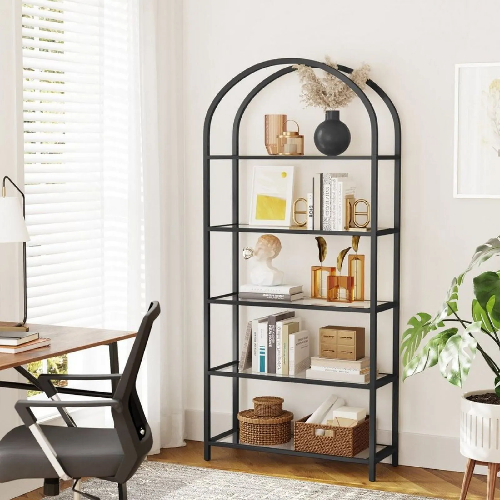 5 Tier Glass Bookshelf, Metal Frame, Adjustable Feet - VASAGLE