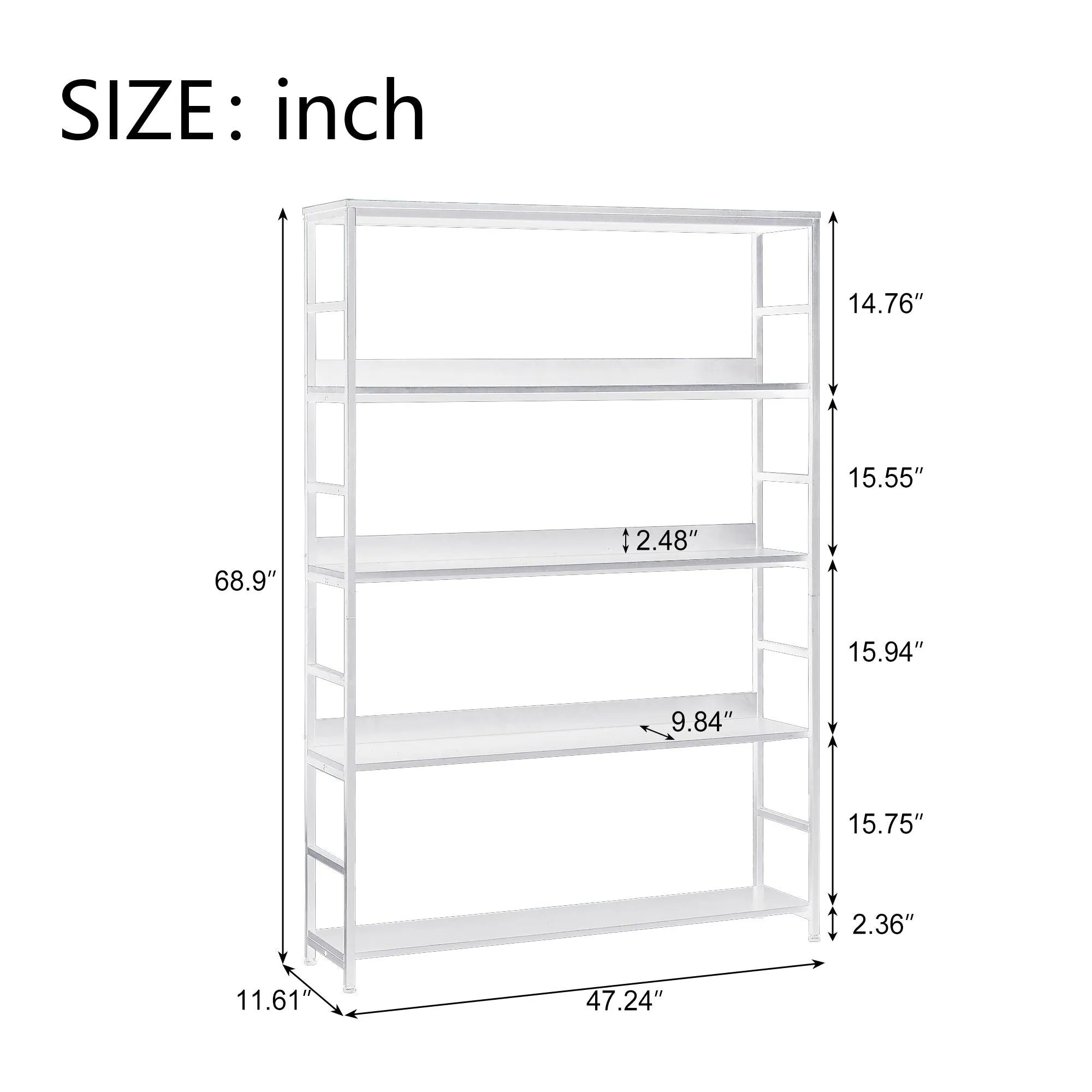 5-Tier Home Office Bookcase, Open Metal Frame Large 5 Shelf Storage, White