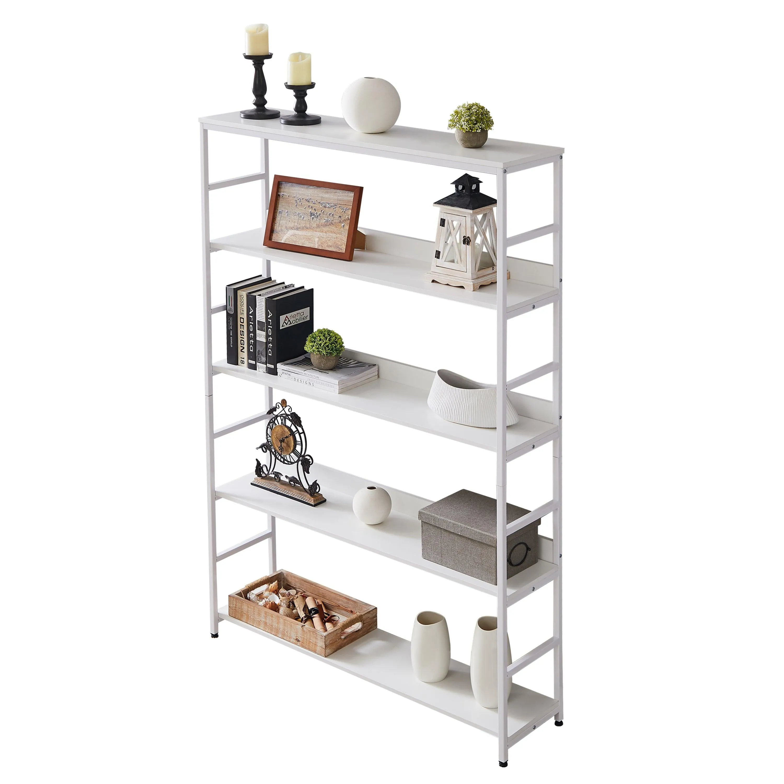 5-Tier Home Office Bookcase, Open Metal Frame Large 5 Shelf Storage, White