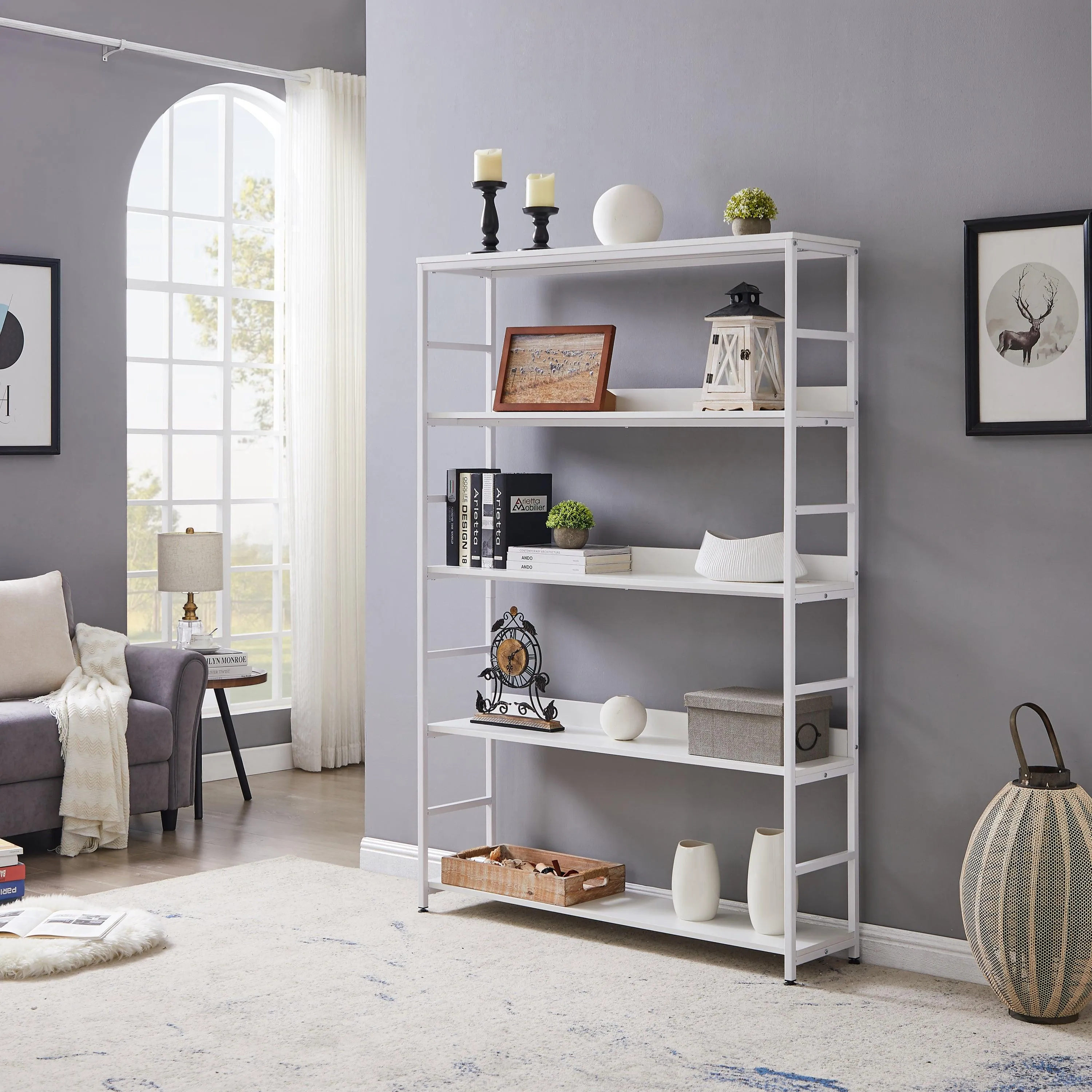 5-Tier Home Office Bookcase, Open Metal Frame Large 5 Shelf Storage, White