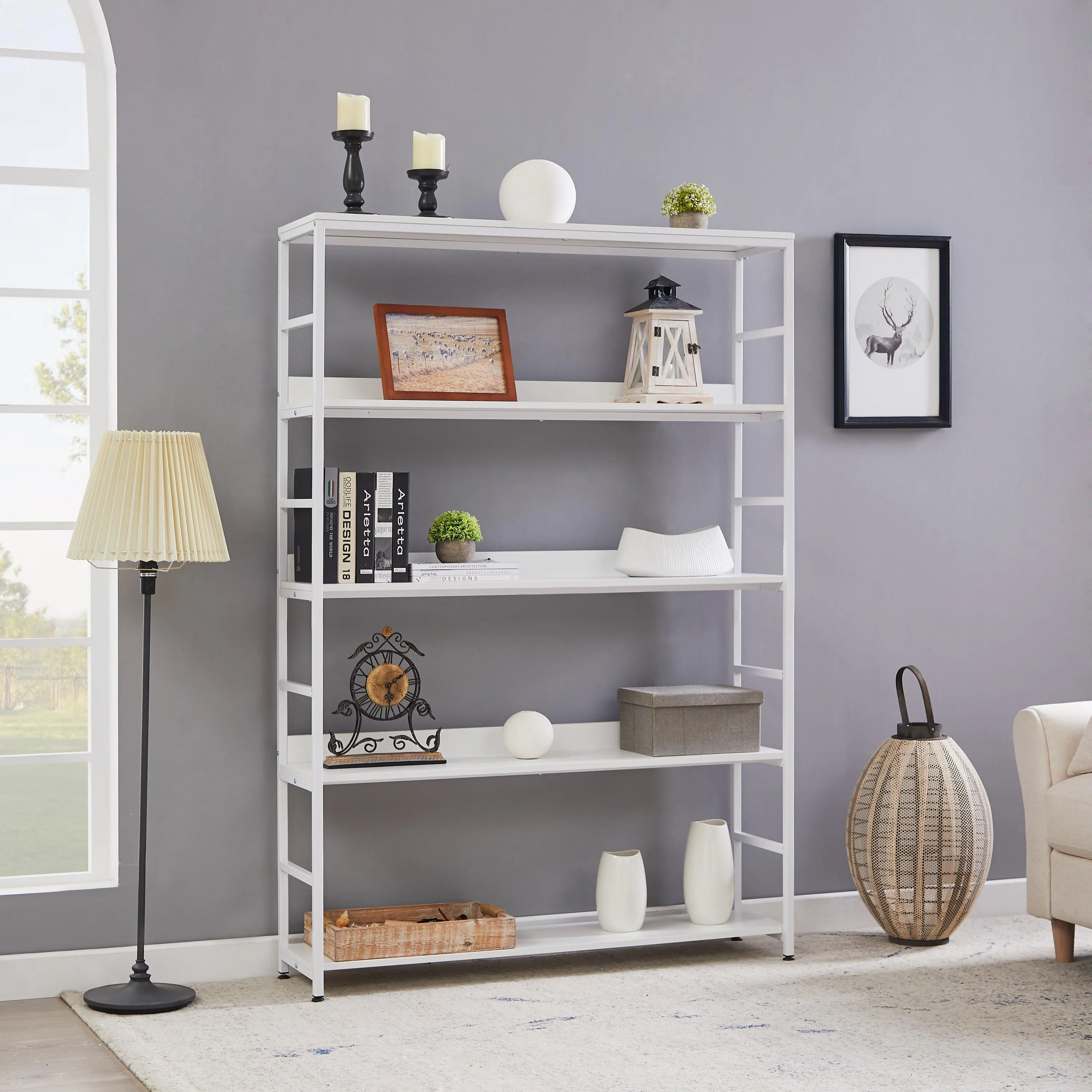 5-Tier Home Office Bookcase, Open Metal Frame Large 5 Shelf Storage, White