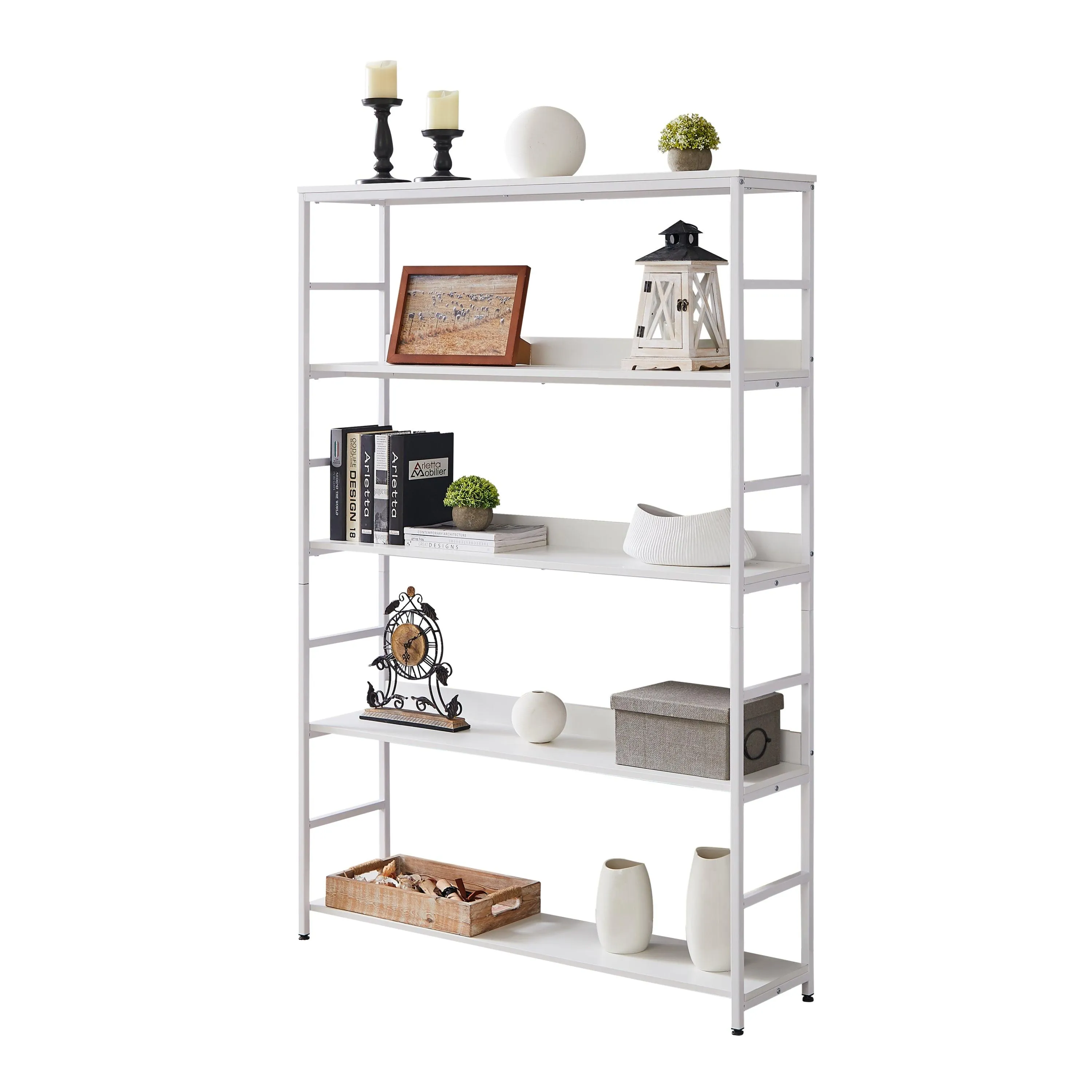 5-Tier Home Office Bookcase, Open Metal Frame Large 5 Shelf Storage, White