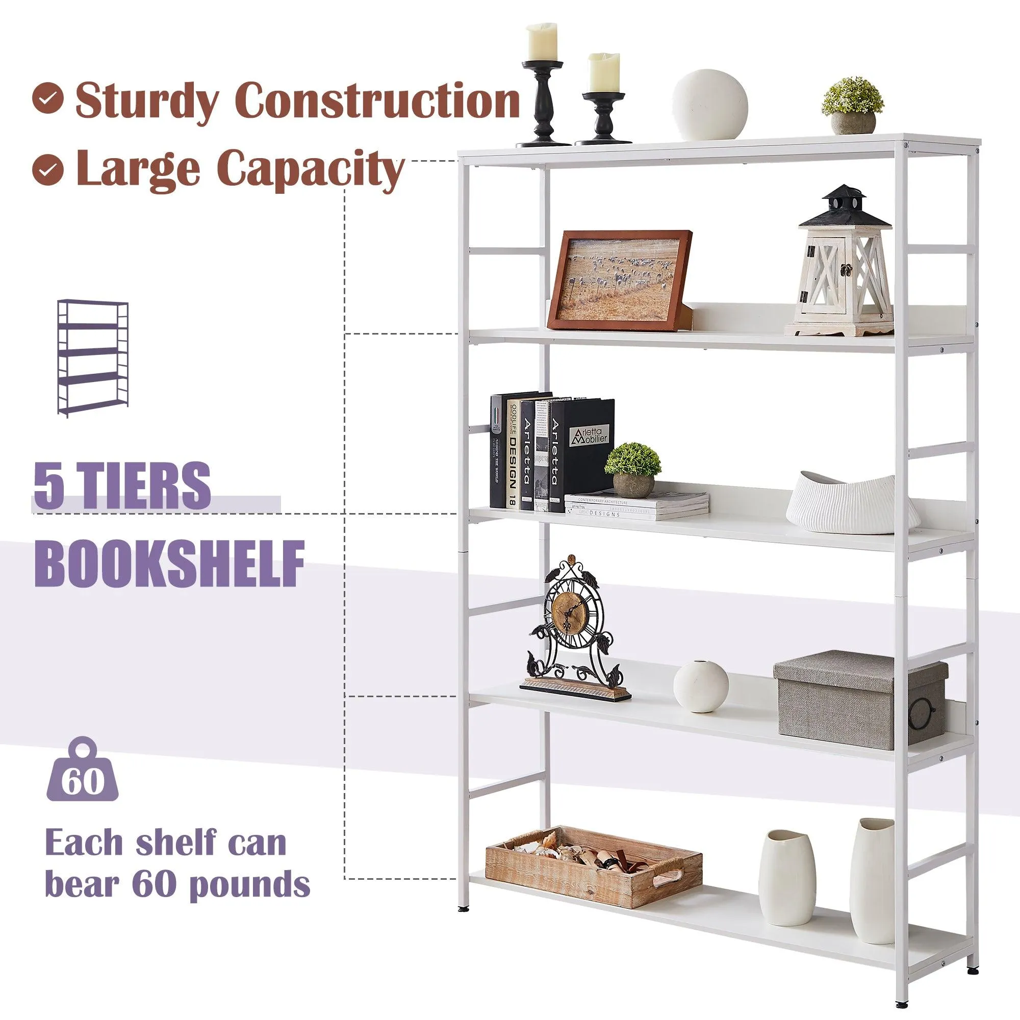 5-Tier Home Office Bookcase, Open Metal Frame Large 5 Shelf Storage, White