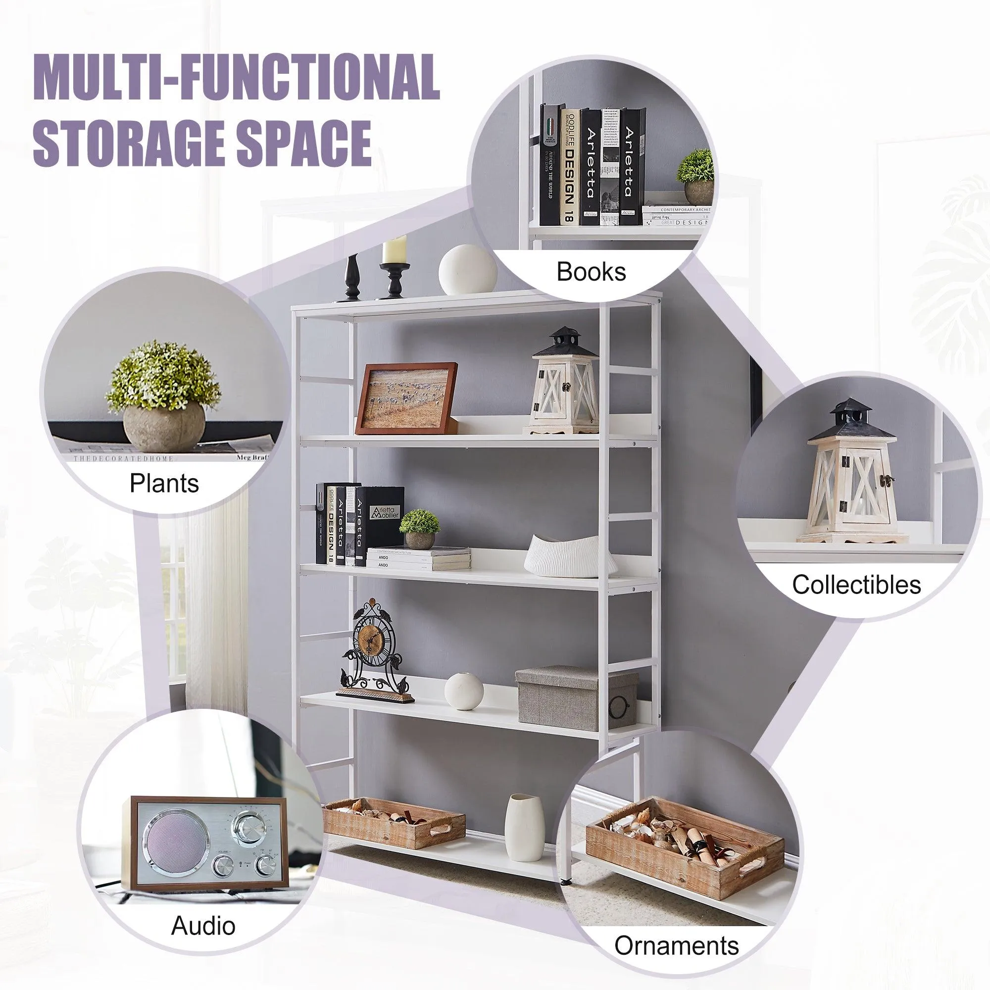 5-Tier Home Office Bookcase, Open Metal Frame Large 5 Shelf Storage, White