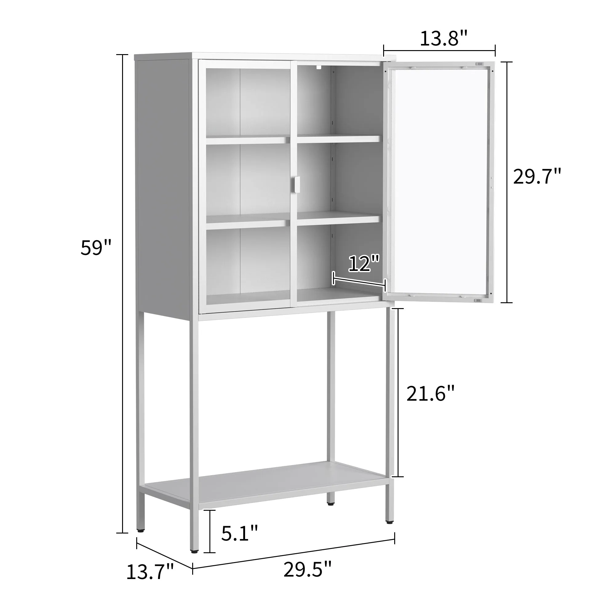 59"H Heavy Duty Metal Storage Cabinet, Display Storage Cabinet with Glass Doors and 2 Adjustable Shelves, Tall Bookcase Modern Bookshelf Cabinet for Home Office, Living Room, Pantry