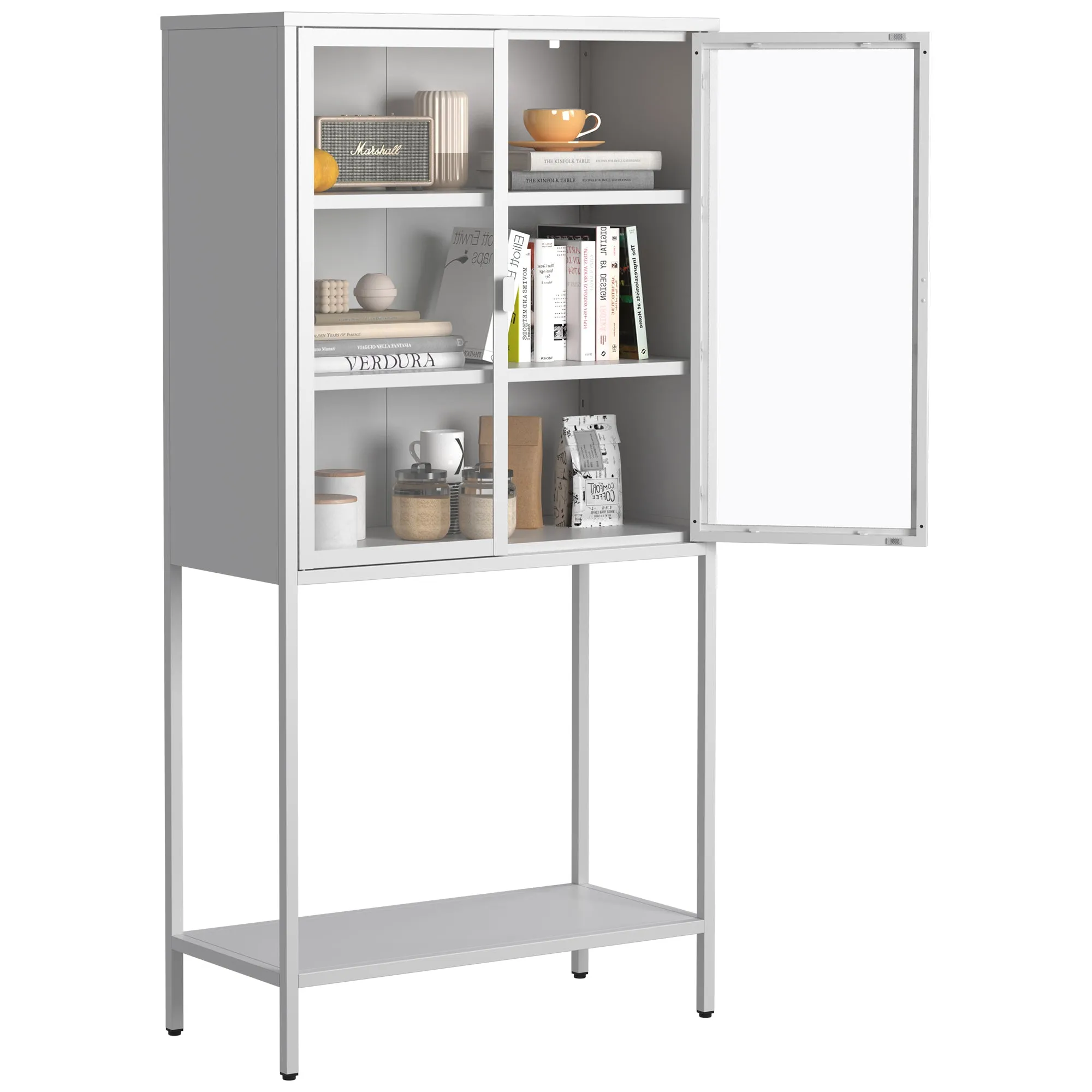 59"H Heavy Duty Metal Storage Cabinet, Display Storage Cabinet with Glass Doors and 2 Adjustable Shelves, Tall Bookcase Modern Bookshelf Cabinet for Home Office, Living Room, Pantry