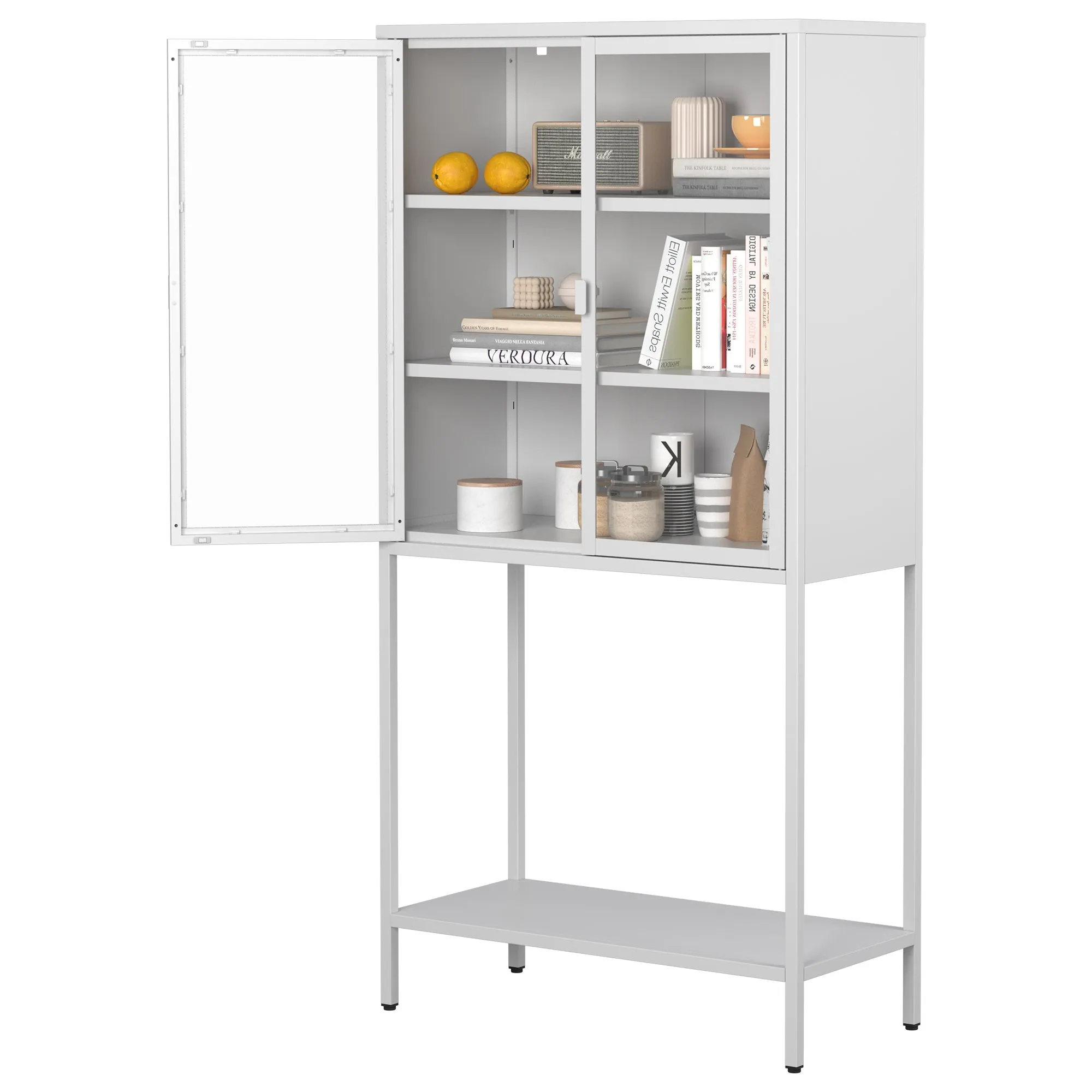 59"H Heavy Duty Metal Storage Cabinet, Display Storage Cabinet with Glass Doors and 2 Adjustable Shelves, Tall Bookcase Modern Bookshelf Cabinet for Home Office, Living Room, Pantry