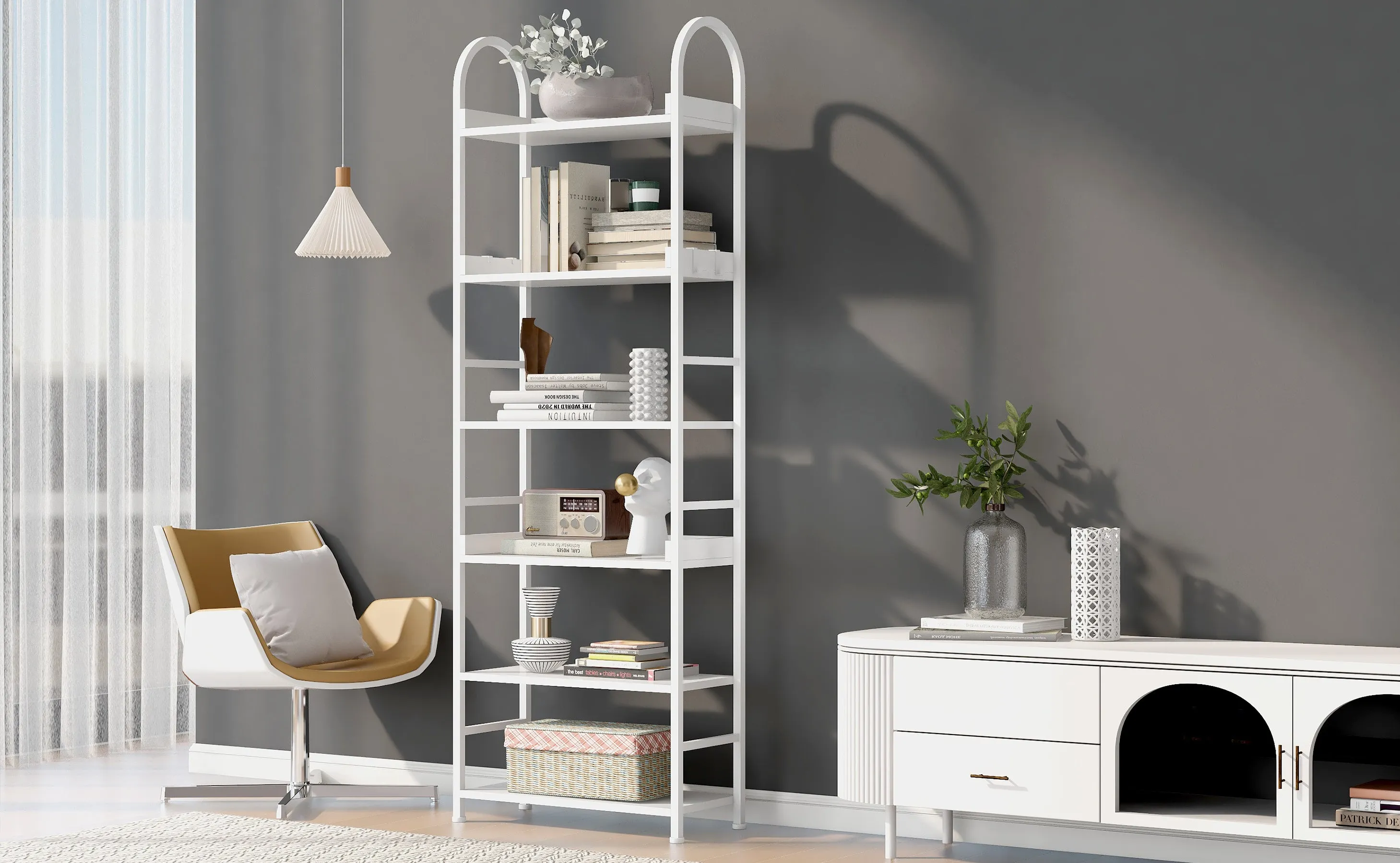 70.8 Inch Tall Bookshelf, 6-tier Shelves with Round Top Frame, MDF Boards, Adjustable Foot Pads, White