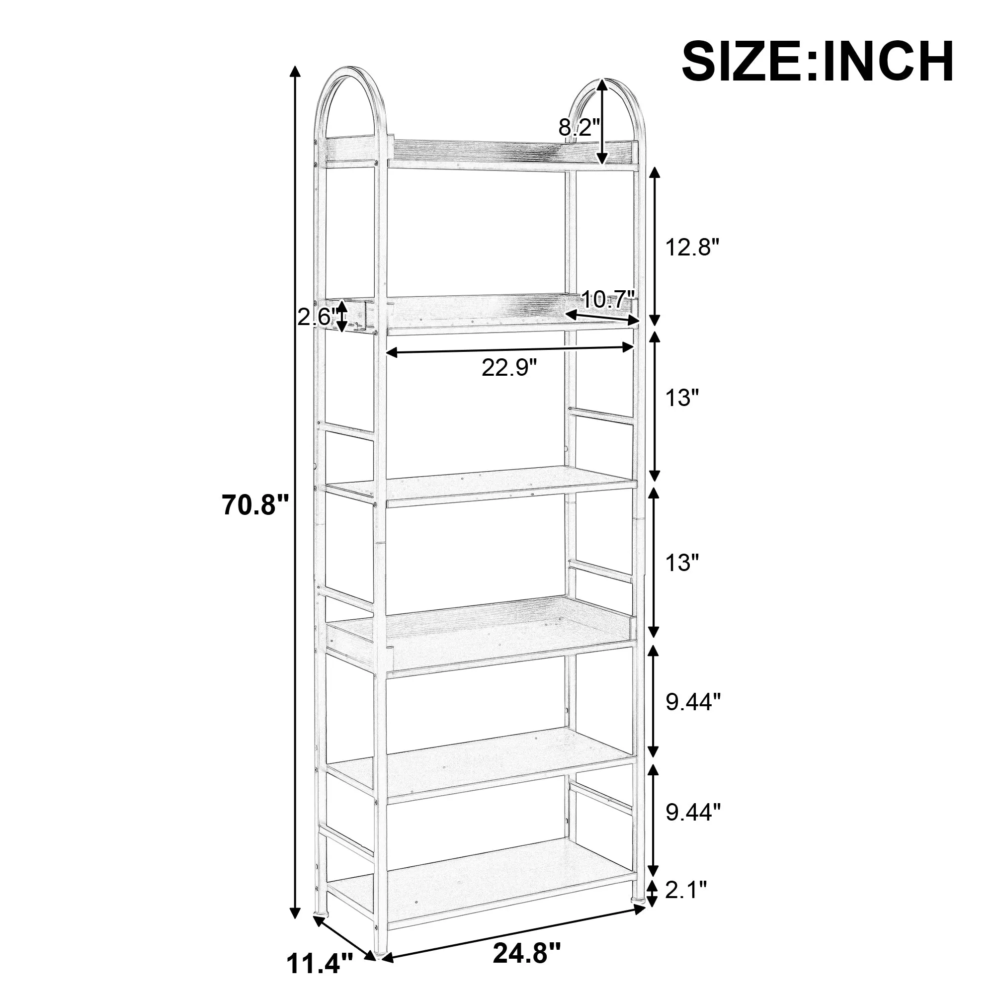 70.8 Inch Tall Bookshelf, 6-tier Shelves with Round Top Frame, MDF Boards, Adjustable Foot Pads, White