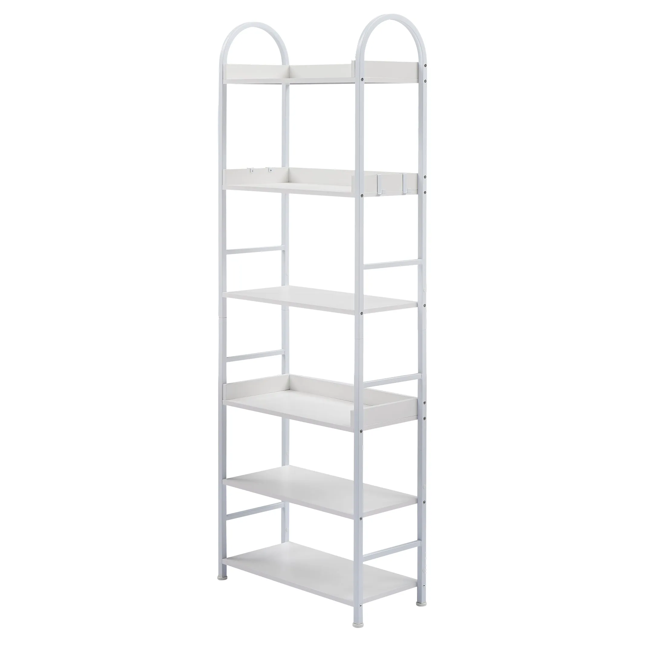 70.8 Inch Tall Bookshelf, 6-tier Shelves with Round Top Frame, MDF Boards, Adjustable Foot Pads, White