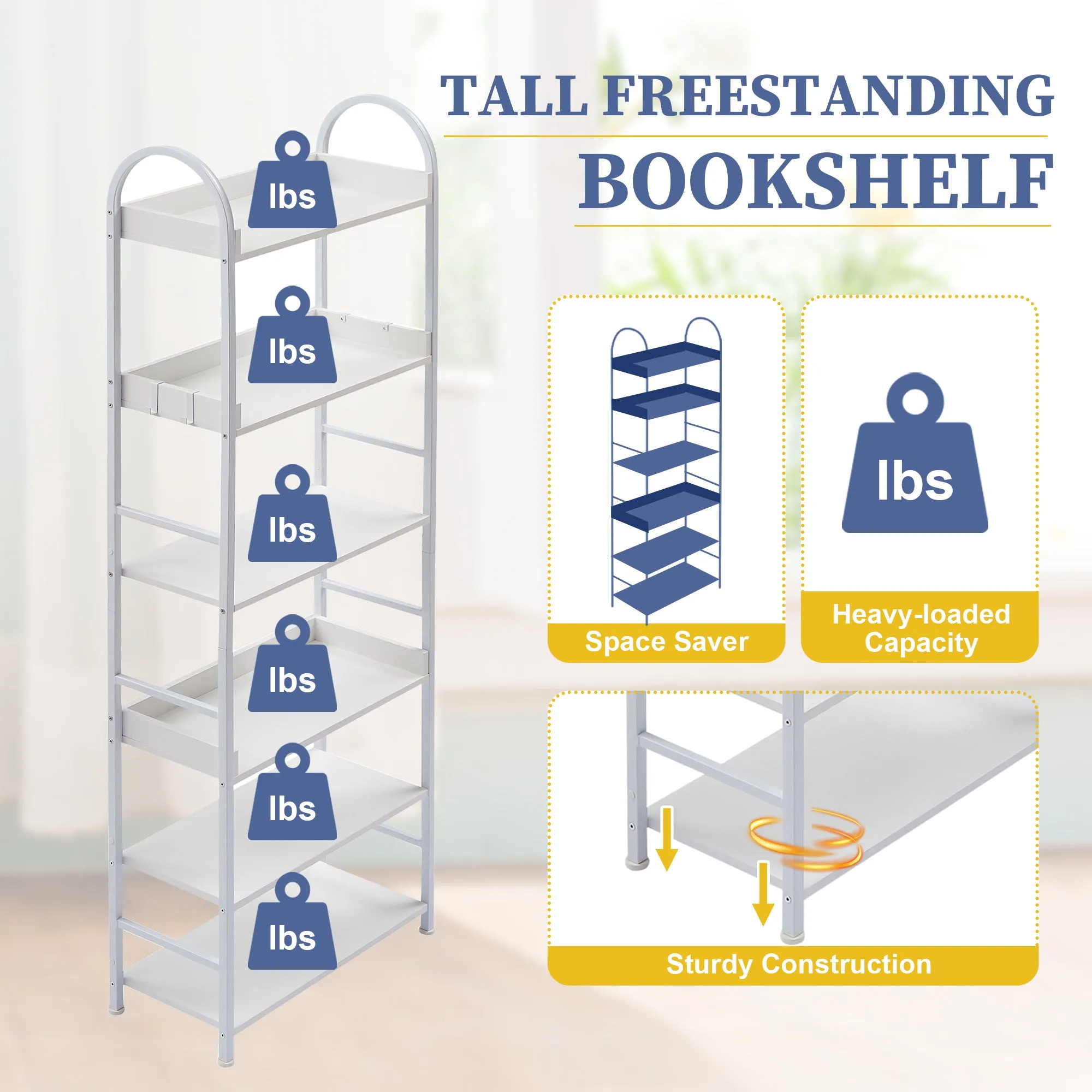 70.8 Inch Tall Bookshelf, 6-tier Shelves with Round Top Frame, MDF Boards, Adjustable Foot Pads, White