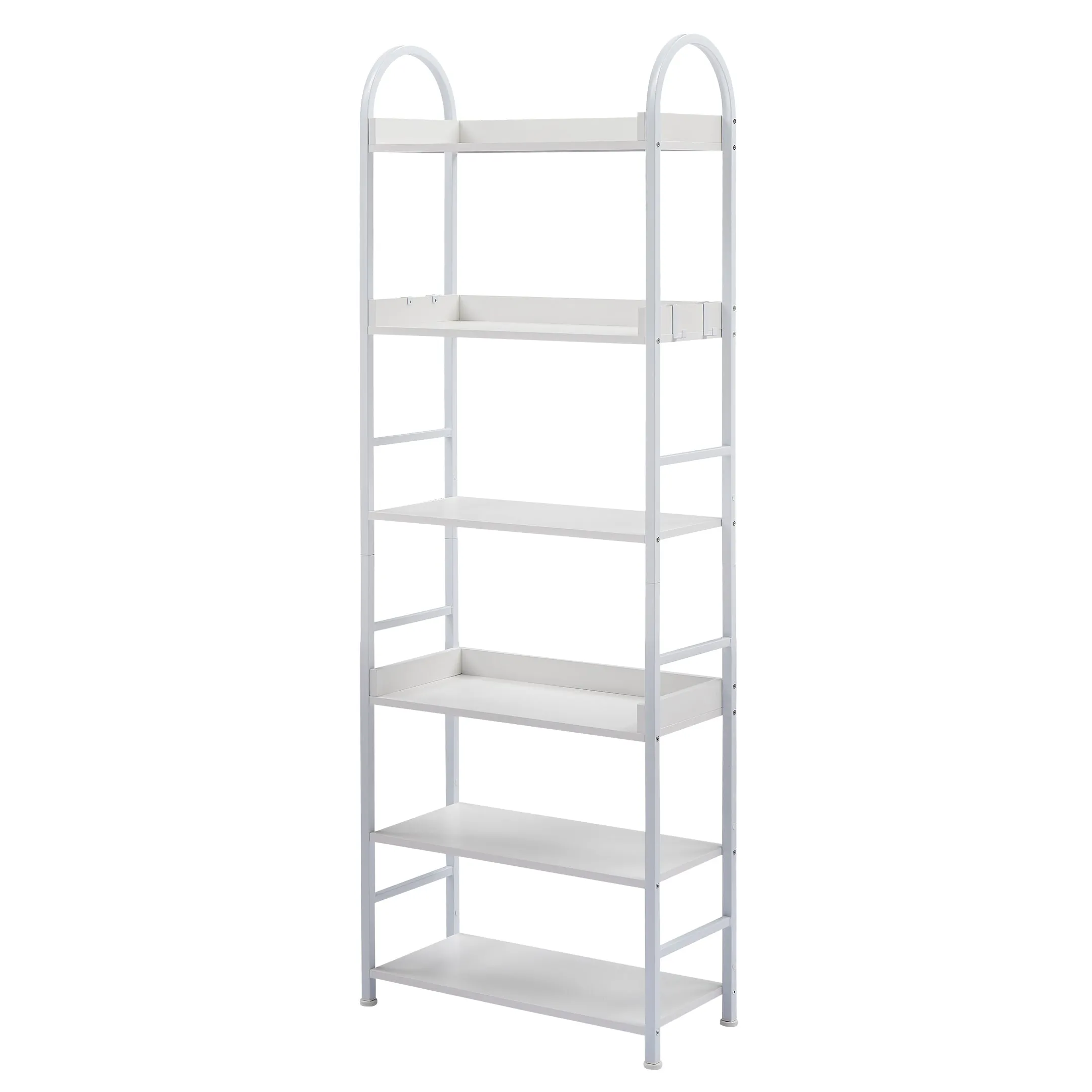 70.8 Inch Tall Bookshelf, 6-tier Shelves with Round Top Frame, MDF Boards, Adjustable Foot Pads, White