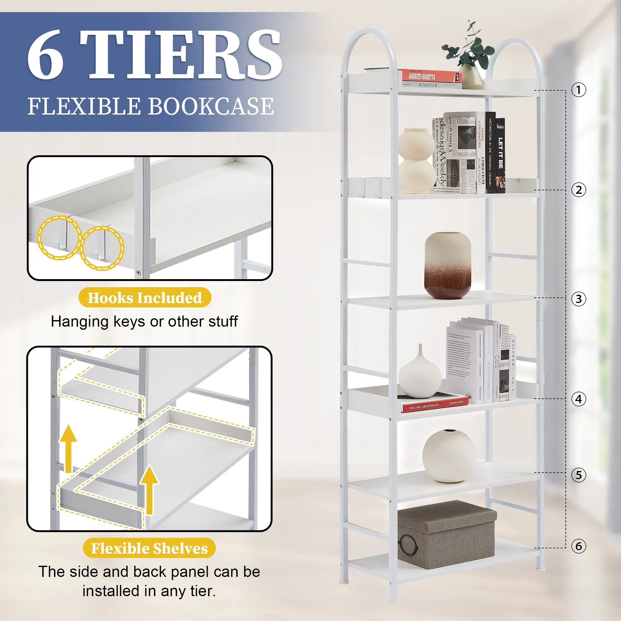 70.8 Inch Tall Bookshelf, 6-tier Shelves with Round Top Frame, MDF Boards, Adjustable Foot Pads, White