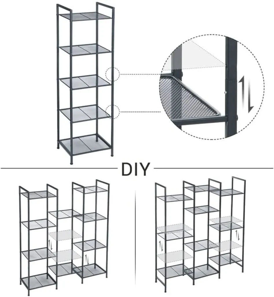 Adjustable 5-Tier Metal Bathroom Shelf Storage Rack, Black