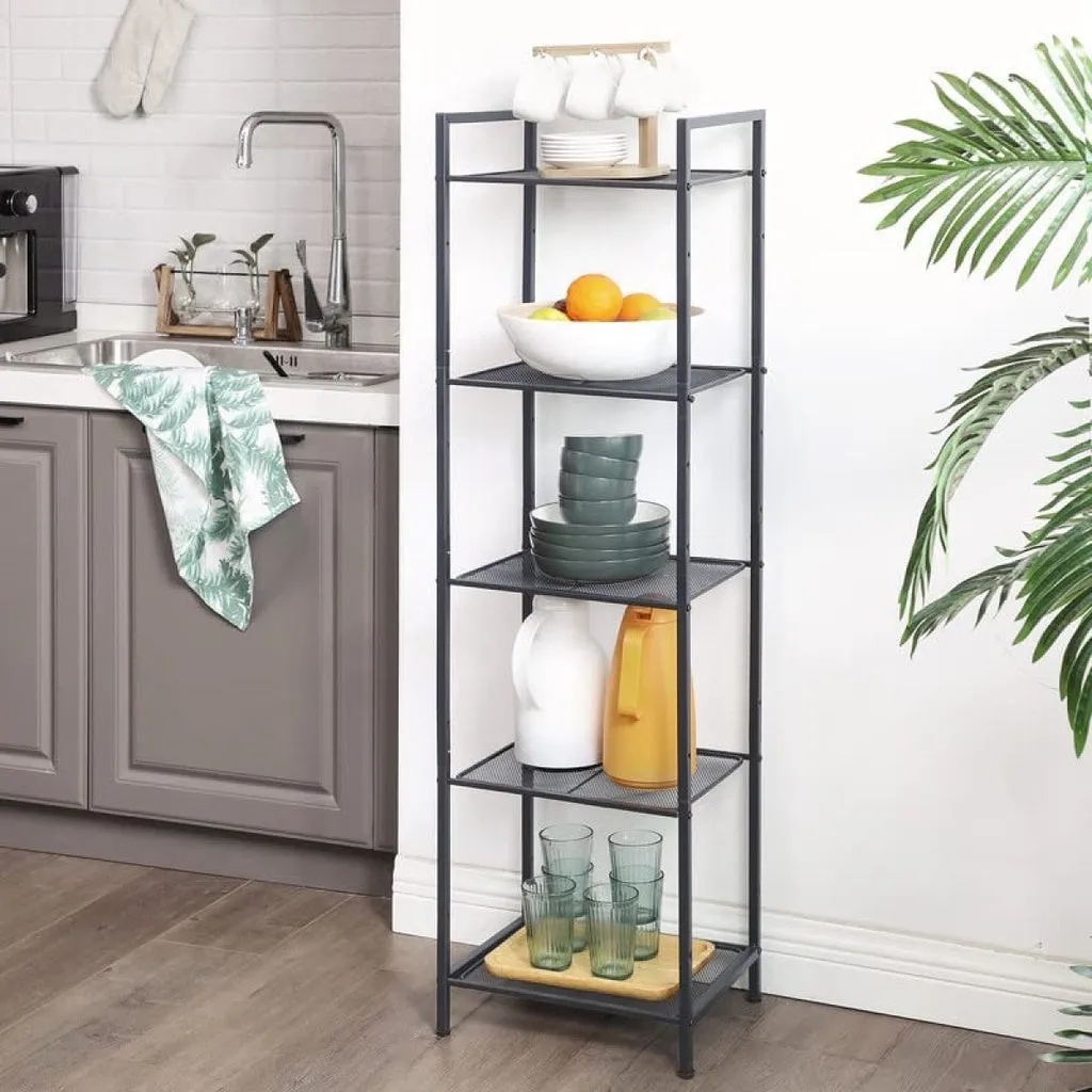 Adjustable 5-Tier Metal Bathroom Shelf Storage Rack, Black