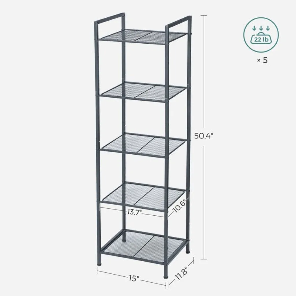 Adjustable 5-Tier Metal Bathroom Shelf Storage Rack, Black