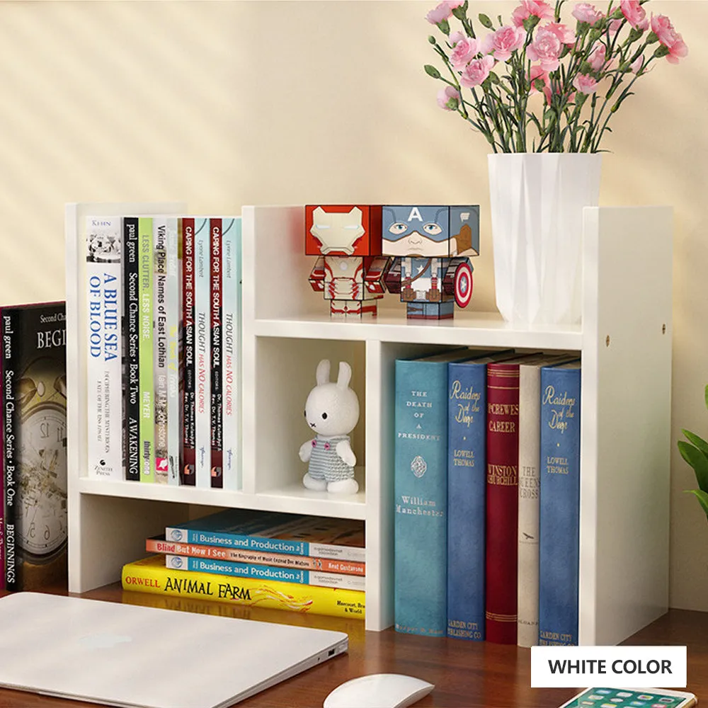 Adjustable Wood Desktop Bookshelf 33-61cm, White