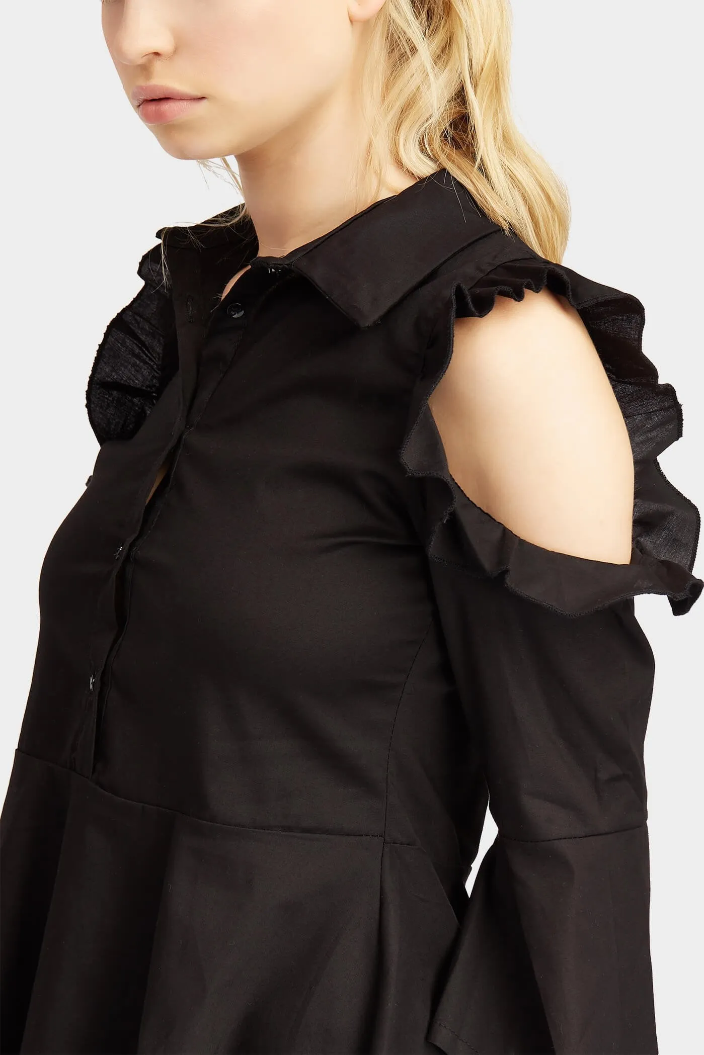 Black Cut Shoulder Frill Shirt