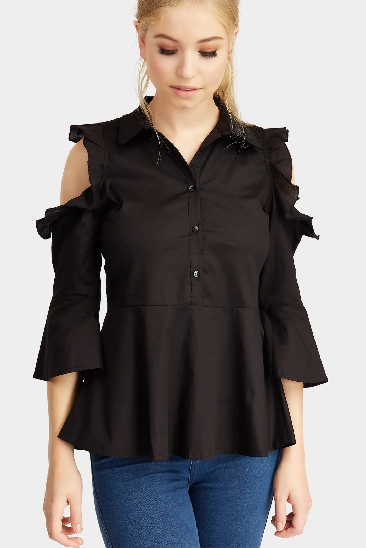 Black Cut Shoulder Frill Shirt