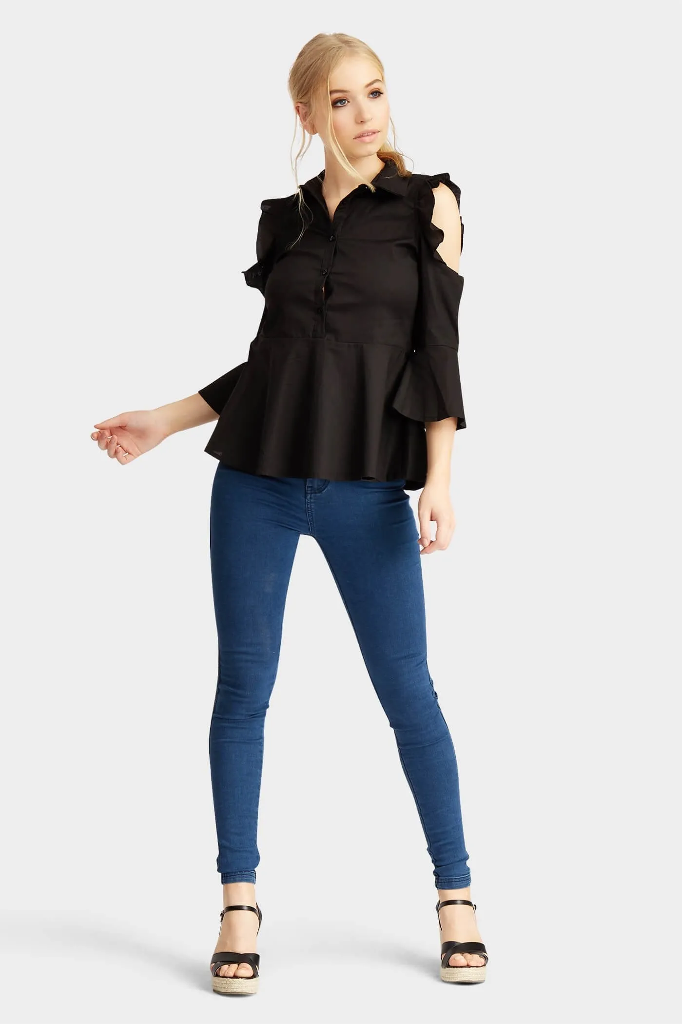 Black Cut Shoulder Frill Shirt