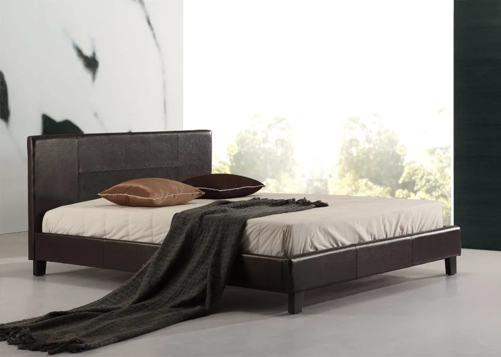 Brown Double PU Leather Bed Frame with Stitched Design