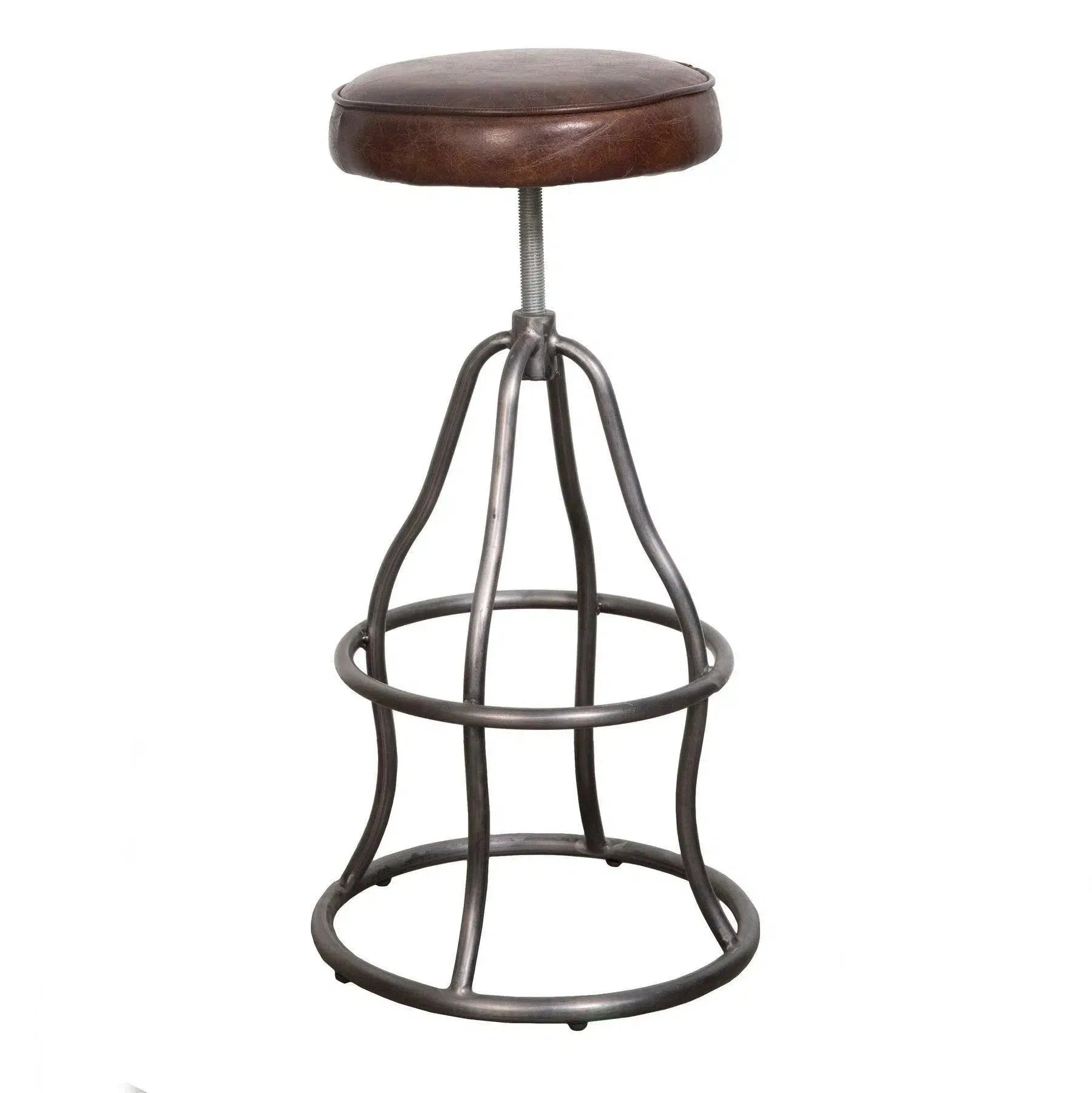 Brown Leather Seat Backless Adjustable Height Counter Height Stool