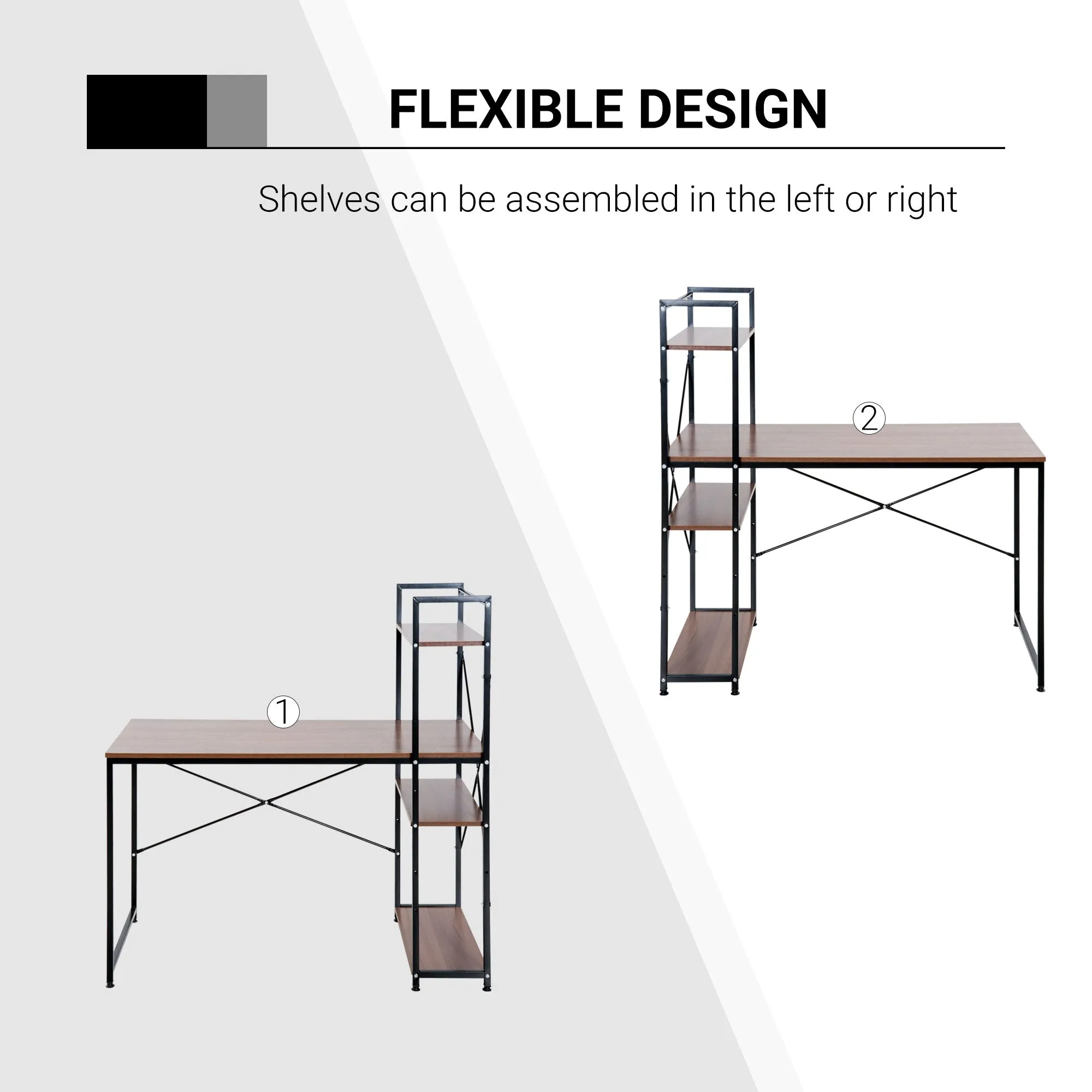 Computer Desk PC Table  Study Workstation Home Office with 4-tier Bookshelf Storage Metal Frame Wooden Top (Walnut & Black)