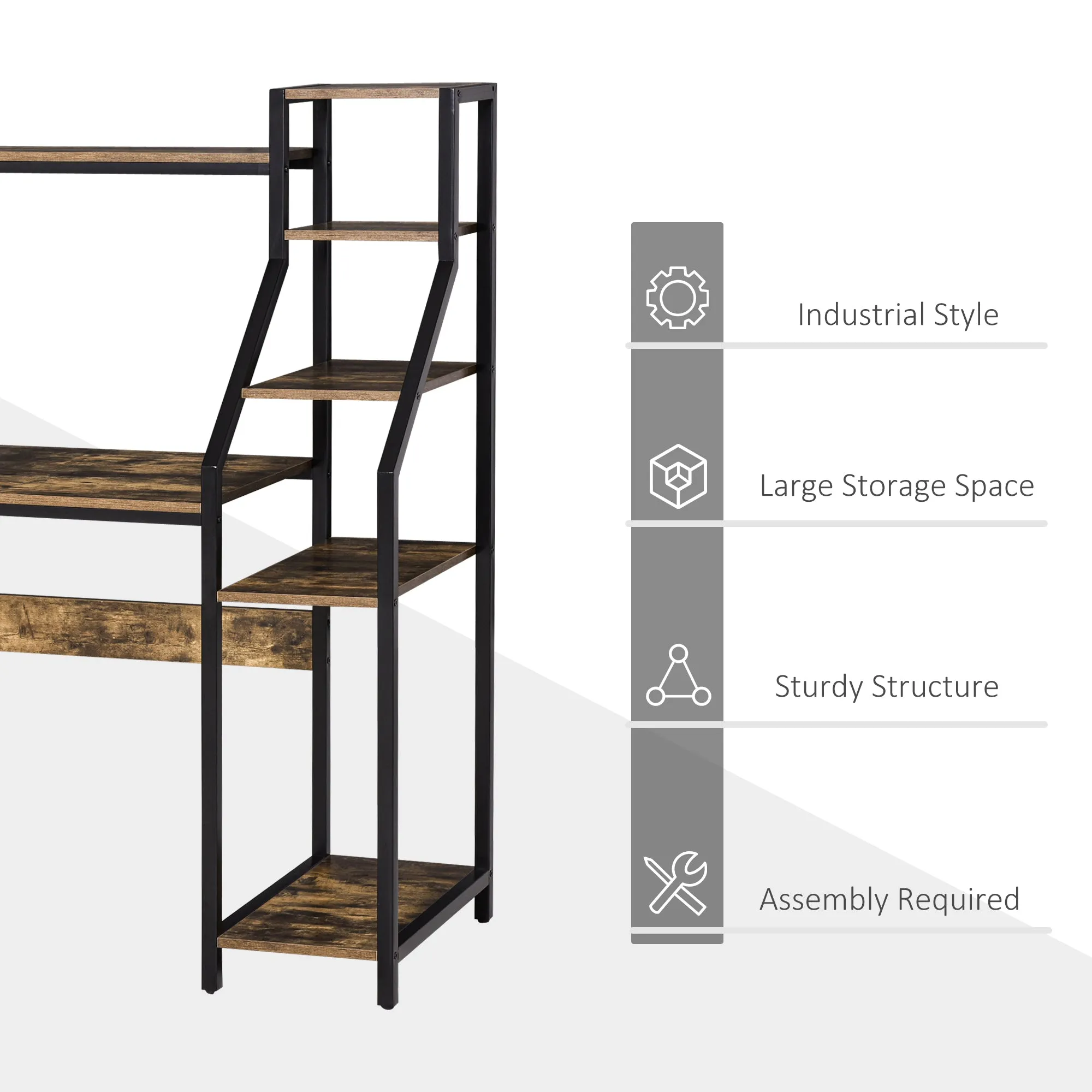 Computer Desk with Shelves Home Office Study Table with 6 Tier Storage Industrial Workstation for Small Spaces Rustic Brown