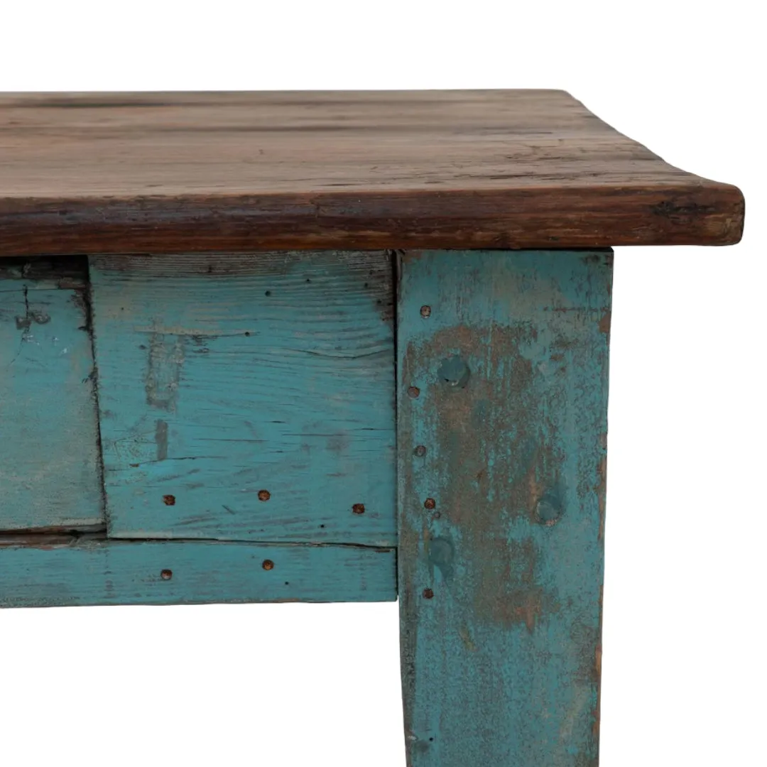 Distressed Teal Charm French Antique Dining Table, Circa 1910