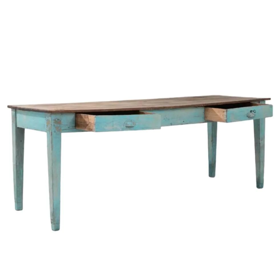 Distressed Teal Charm French Antique Dining Table, Circa 1910