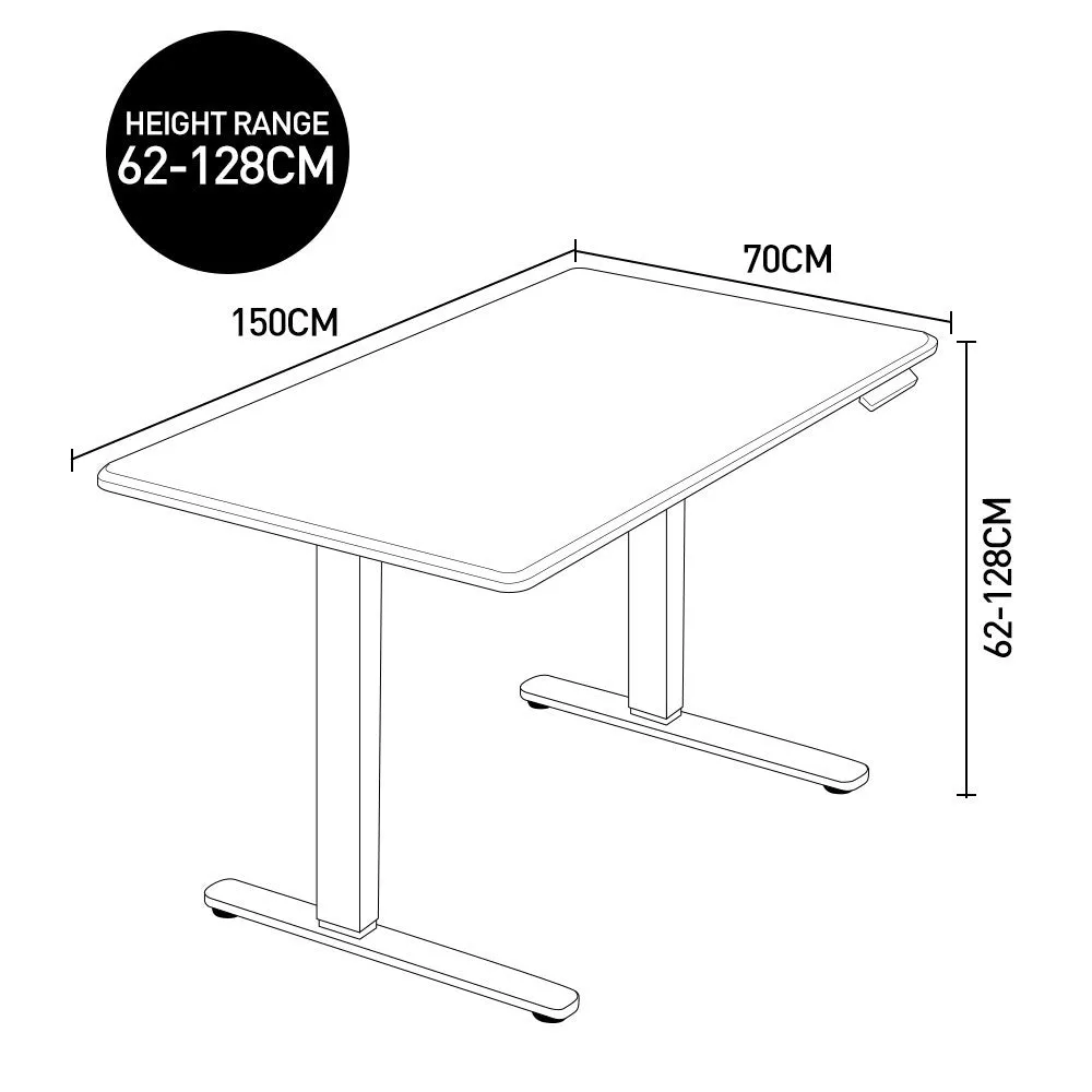 Dual Motor Electric Standing Desk 150x70cm, 62-128cm Adjustable, Black | FORTIA