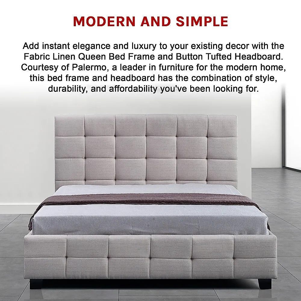 Durable Linen Queen Bed Frame & Button Tufted Headboard