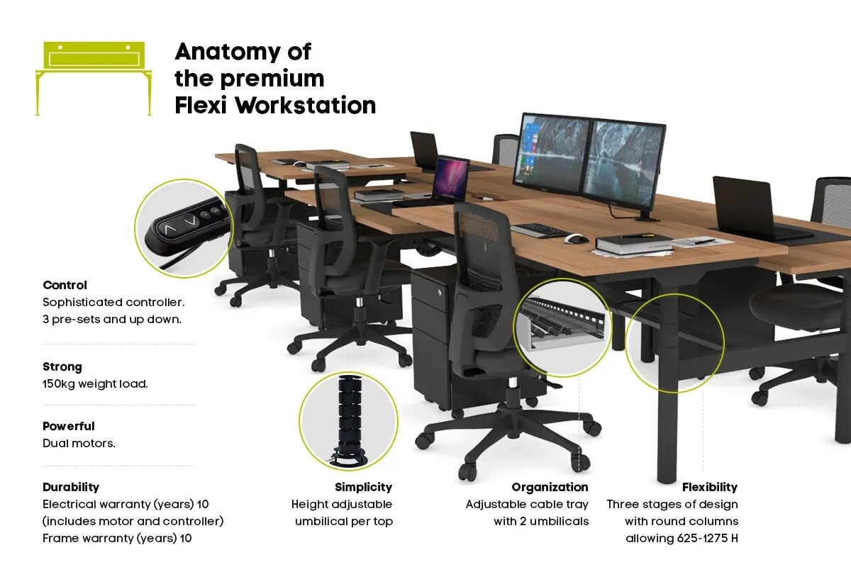 Flexi Premium Height Adjustable 6 Person H-Bench Workstation - Black Frame [1200L x 700W]